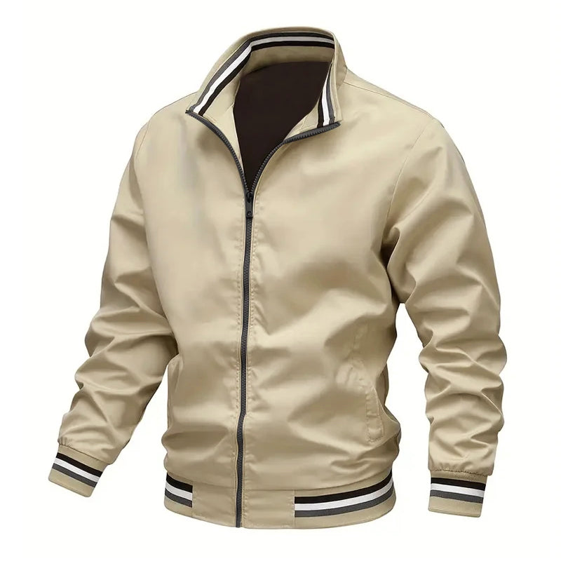 Autumn Mens Lightweight Windbreaker Jacket With Stand Collar And Striped Cuffs And Hem By Street-Wave