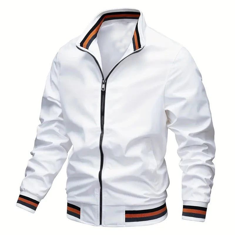 Autumn Mens Lightweight Windbreaker Jacket With Stand Collar And Striped Cuffs And Hem By Street-Wave
