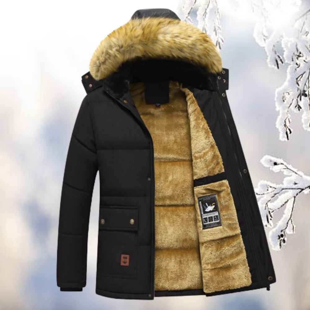 Men's Parka Jacket with Faux Fur Hood, Relaxed Fit, Water-Resistant Shell, Cozy Fleece Lining