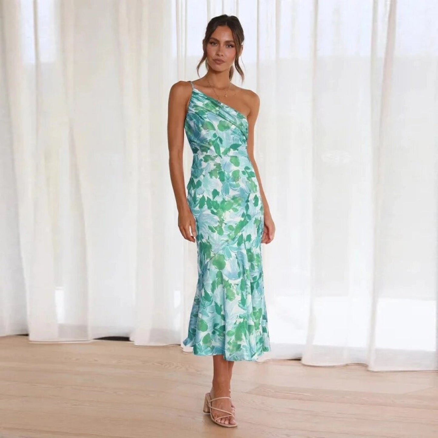 Women's Maxi Dress with Asymmetrical Cut and Floral Design