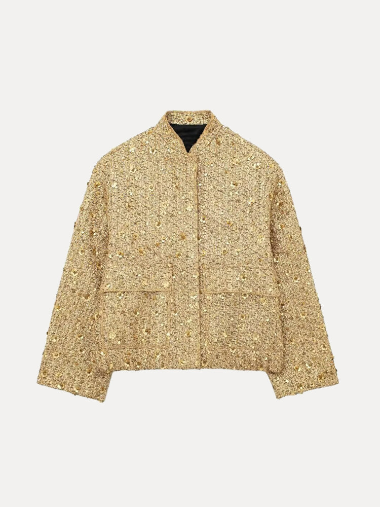 Avelena Gold Sequin Bomber Jacket For Women Glamorous Evening Sparkle With Glitter