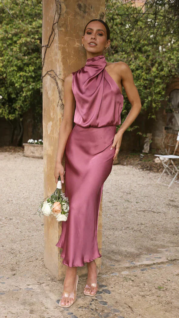 Satin Midi Dress With Draped Hem Street-wave For Women Timeless Elegant Silhouette