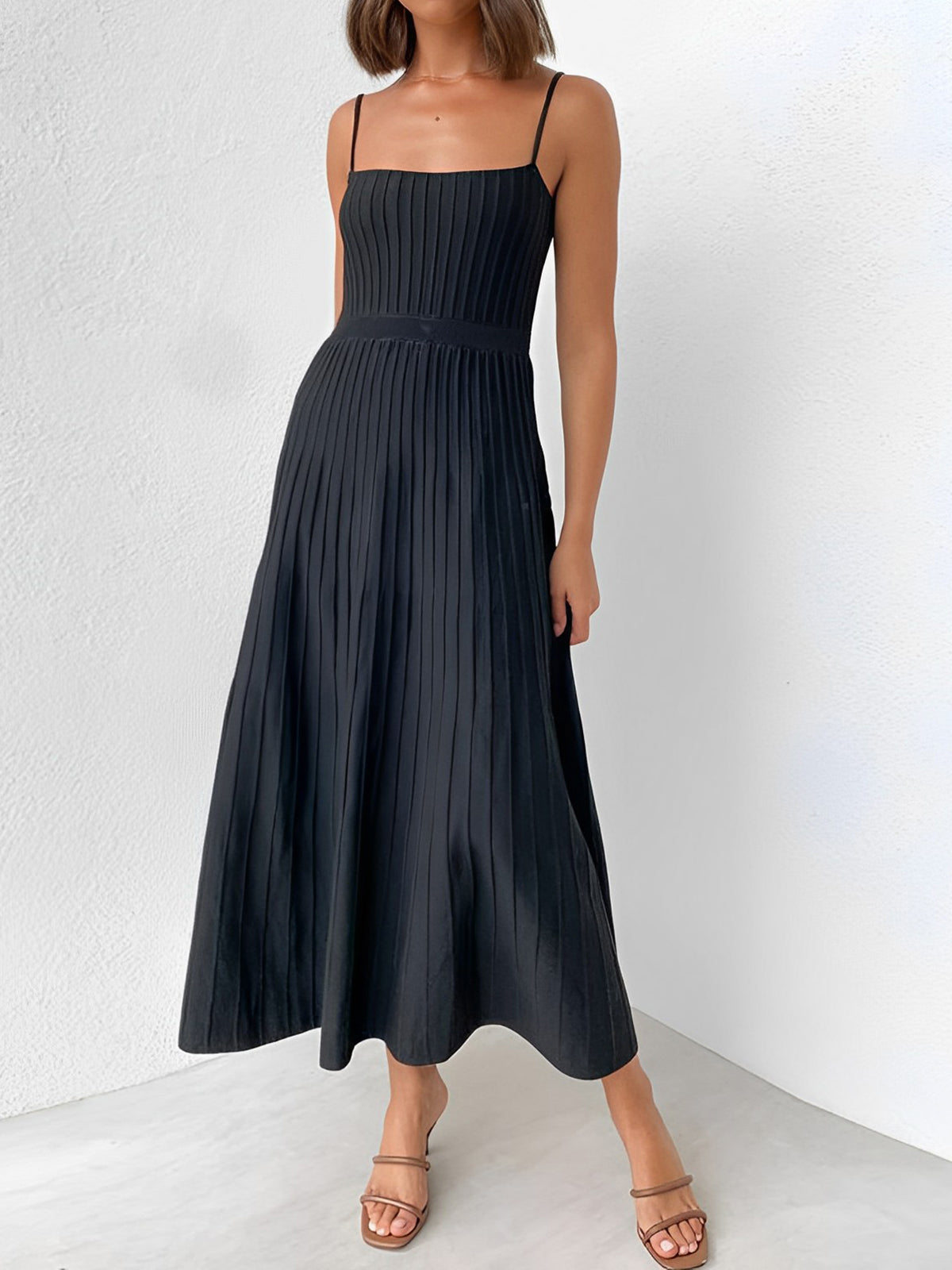 Streetwave Pleated Midi Dress For Women With Spaghetti Straps Elegant Lightweight Summer Wear