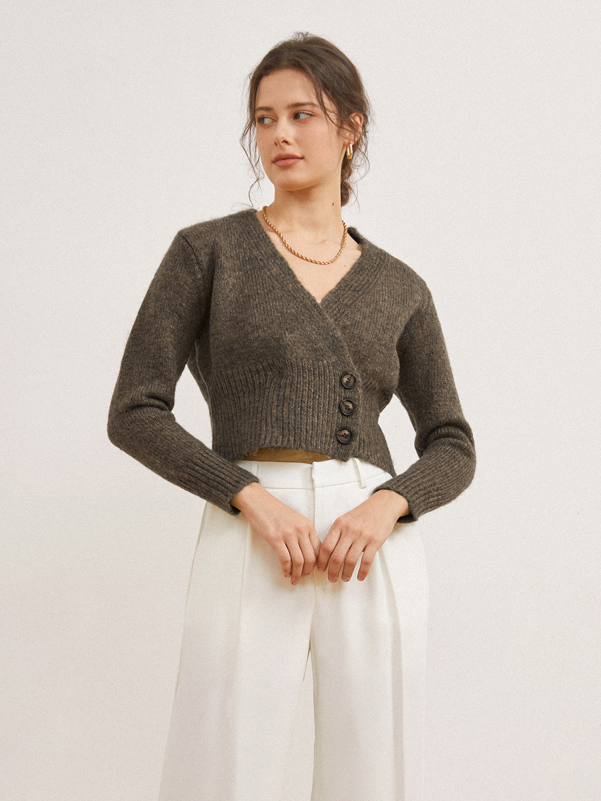 Street-Wave Wool Blend Cardigan With Side Opening And Deep V Neck For Women Timeless Warmth