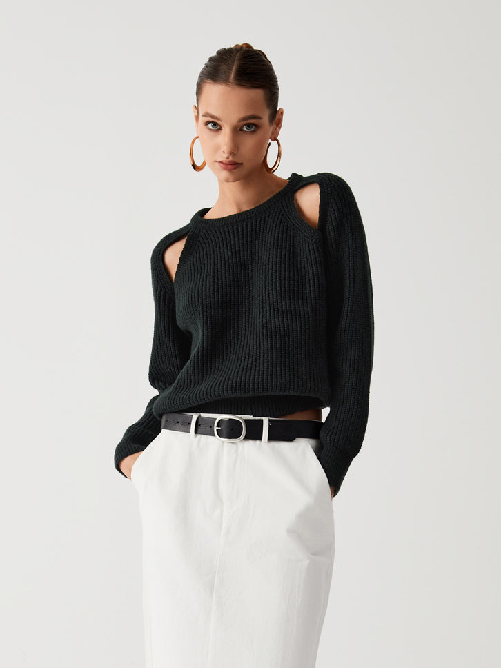 Street-wave Shoulder Cutout Knit Pullover For Fashion Forward Women With Premium Comfort