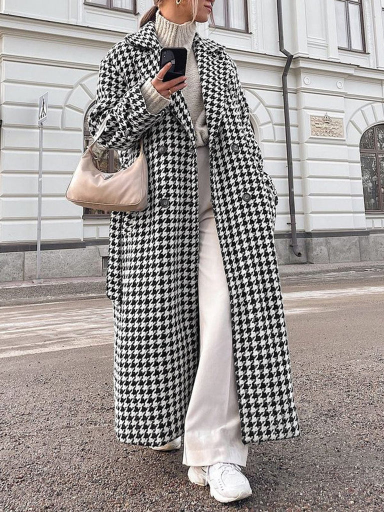 Street-Wave Houndstooth Long Coat Plus Size Oversized Winter Outerwear For Women Elegant