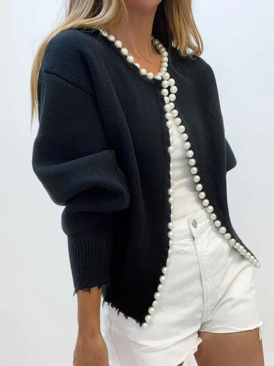 Street-Wave Pearl Trim Cardigan With Ribbed Hem For Women Elegant Knit Layering Essential