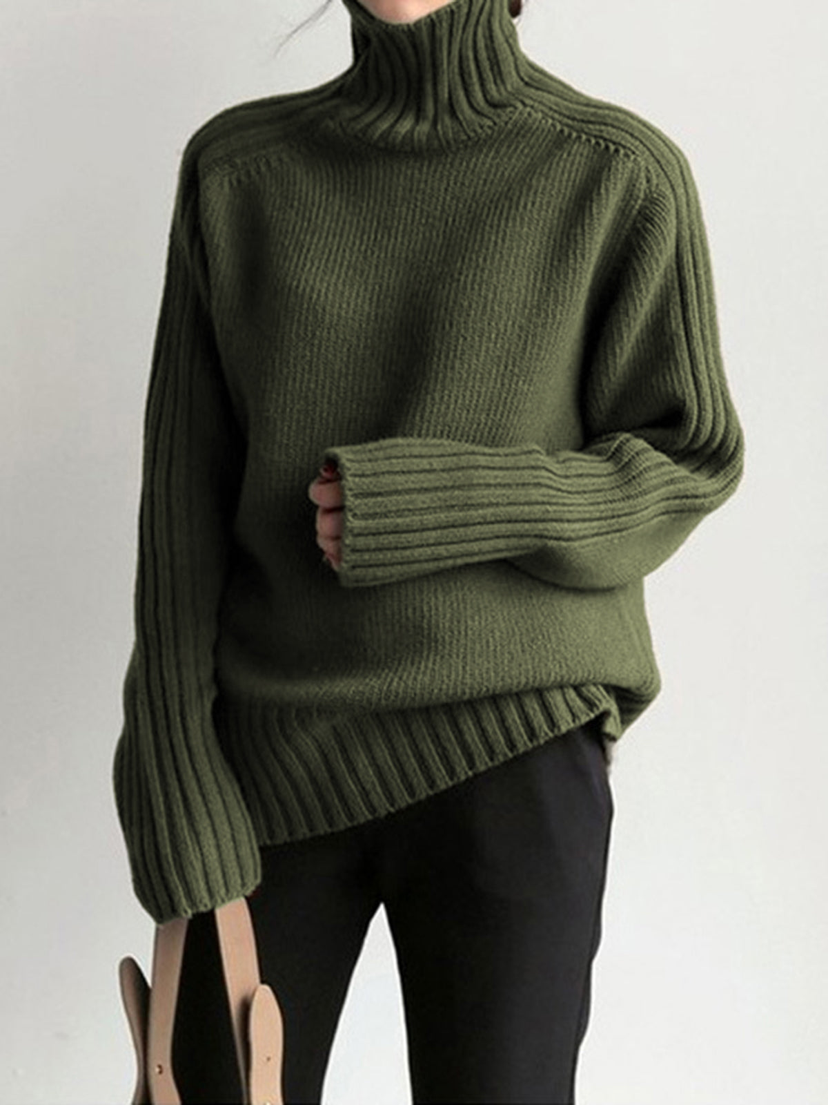 Street-wave Pullover Women High Neck Knit Cozy Warmth Soft Ribbed Knit Relaxed Fit