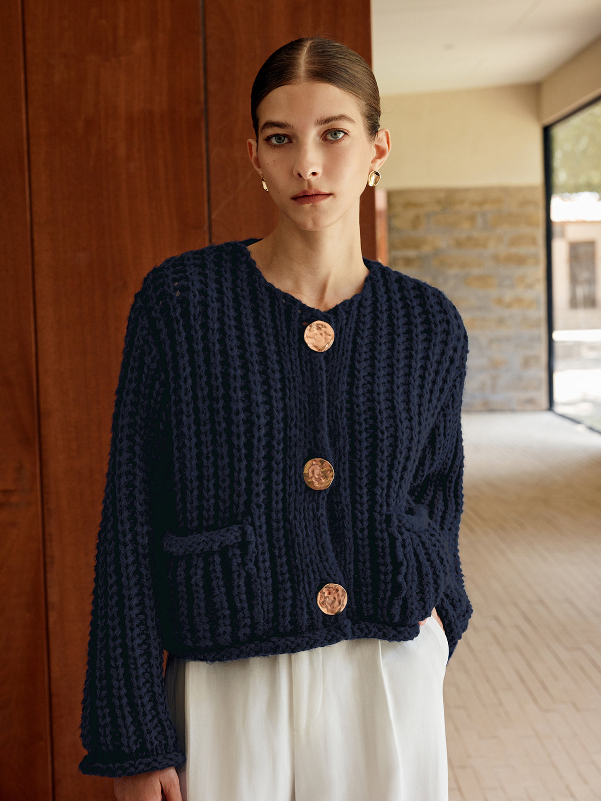 Street-wave Chunky Knit Cardigan With Large Buttons Elegant Casual Fit For Women