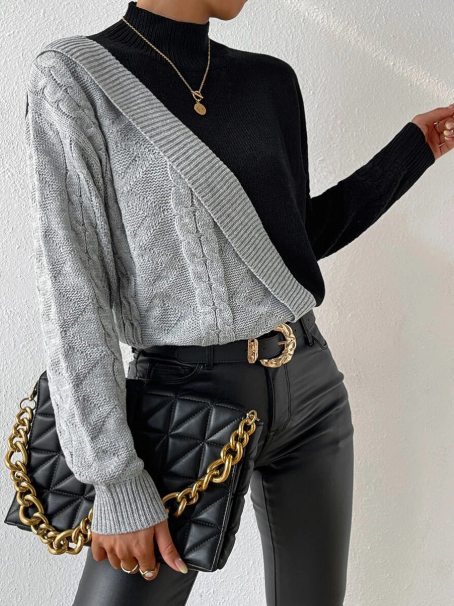 Street-Wave Asymmetrical Knit Pullover For Women With Two-Tone Cozy Comfort And Everyday Style