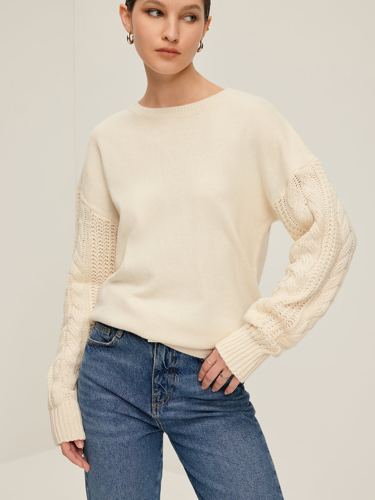 Street-Wave Cable Knit Sweater With Cable Sleeve Detail Relaxed Fit Timeless Comfort For Women