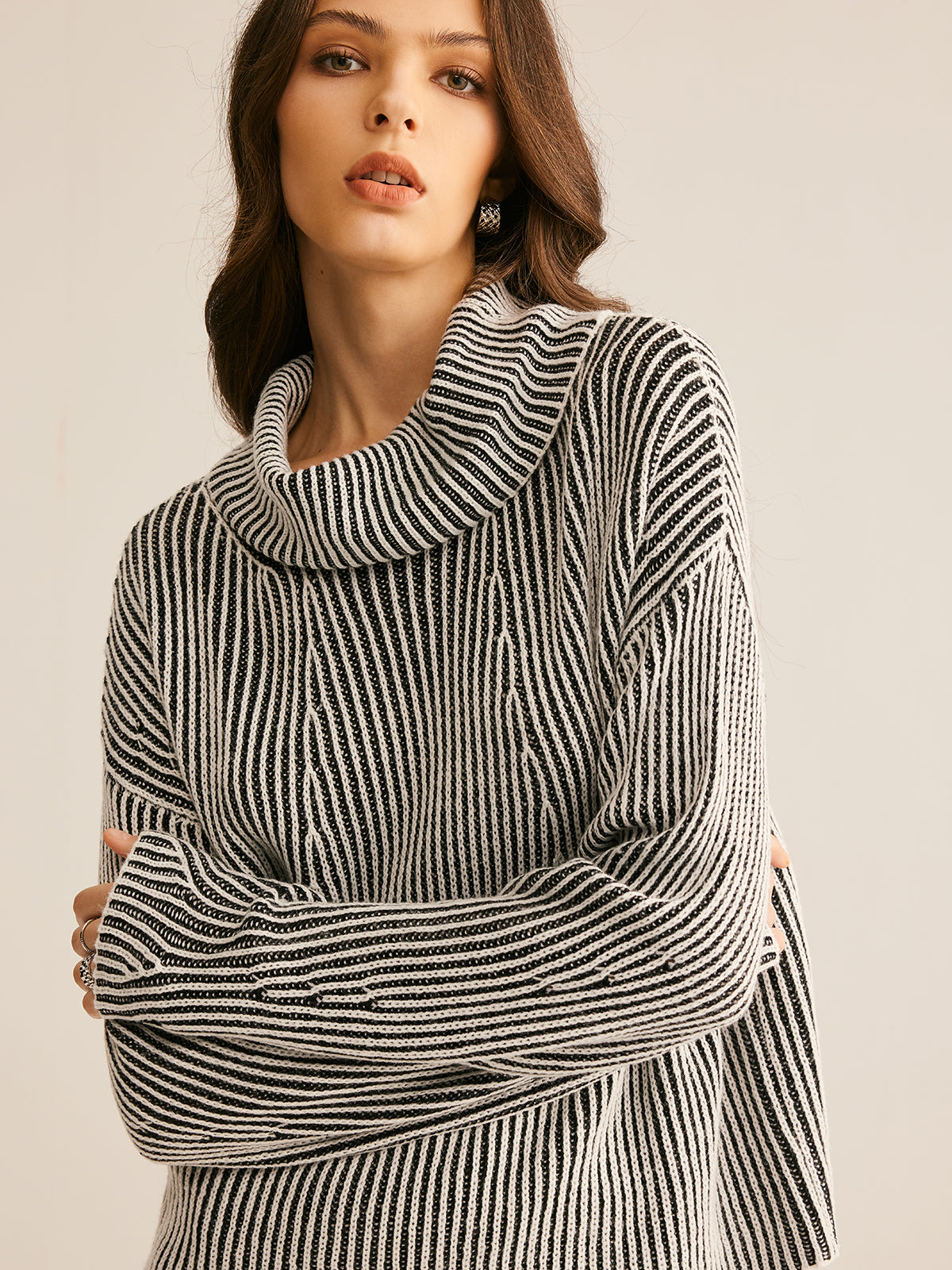 Street-wave Striped Knit Pullover With Cozy Turtleneck Timeless Wardrobe Essential For Women