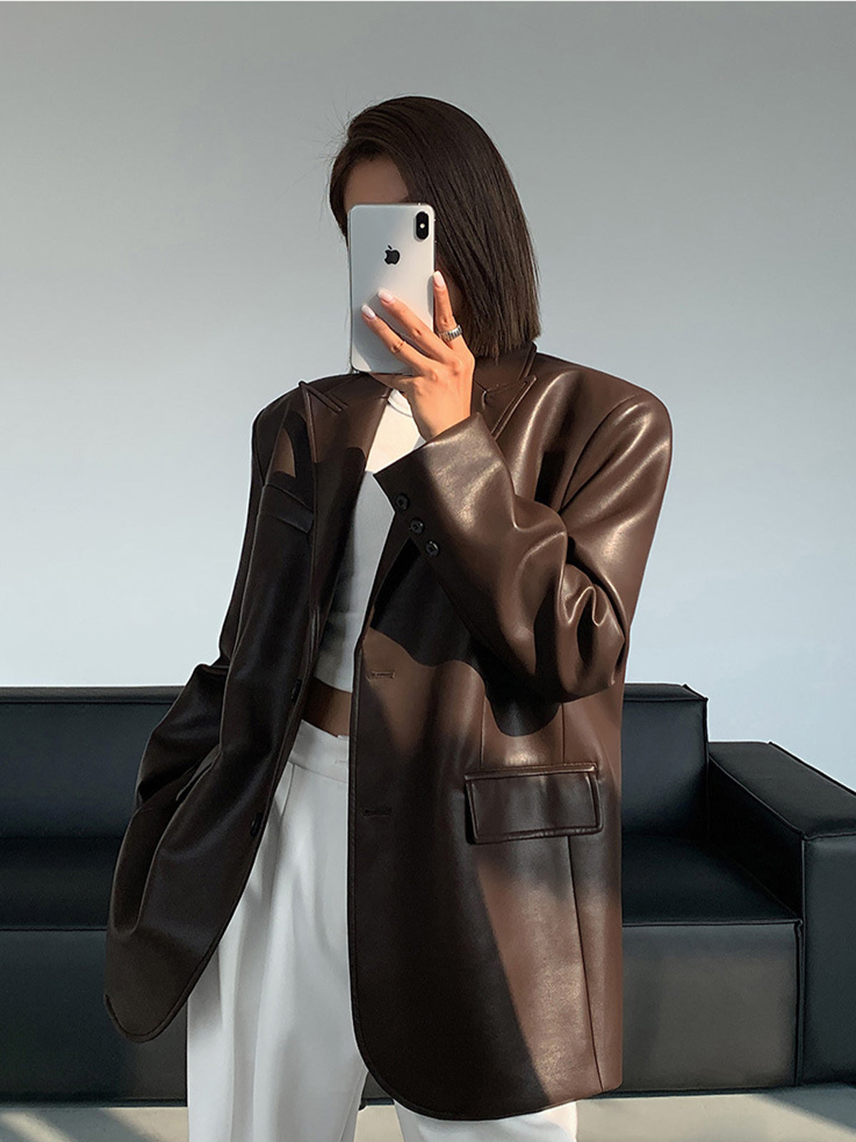 Street-wave Faux Leather Blazer For Women Chic Modern Tailored Look Office Ready