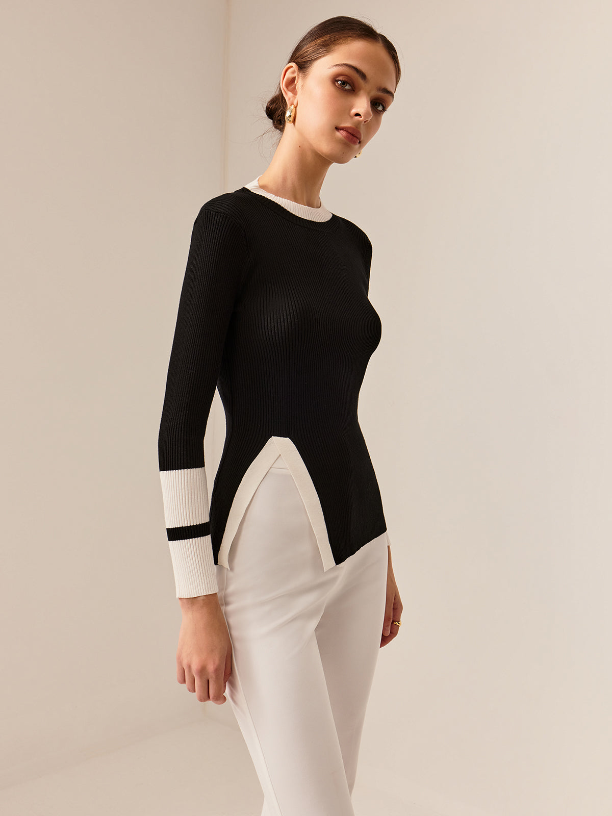 Street Wave Ribbed Knit Blouse With Contrast Elements For Modern Women Elegant Everyday Essential