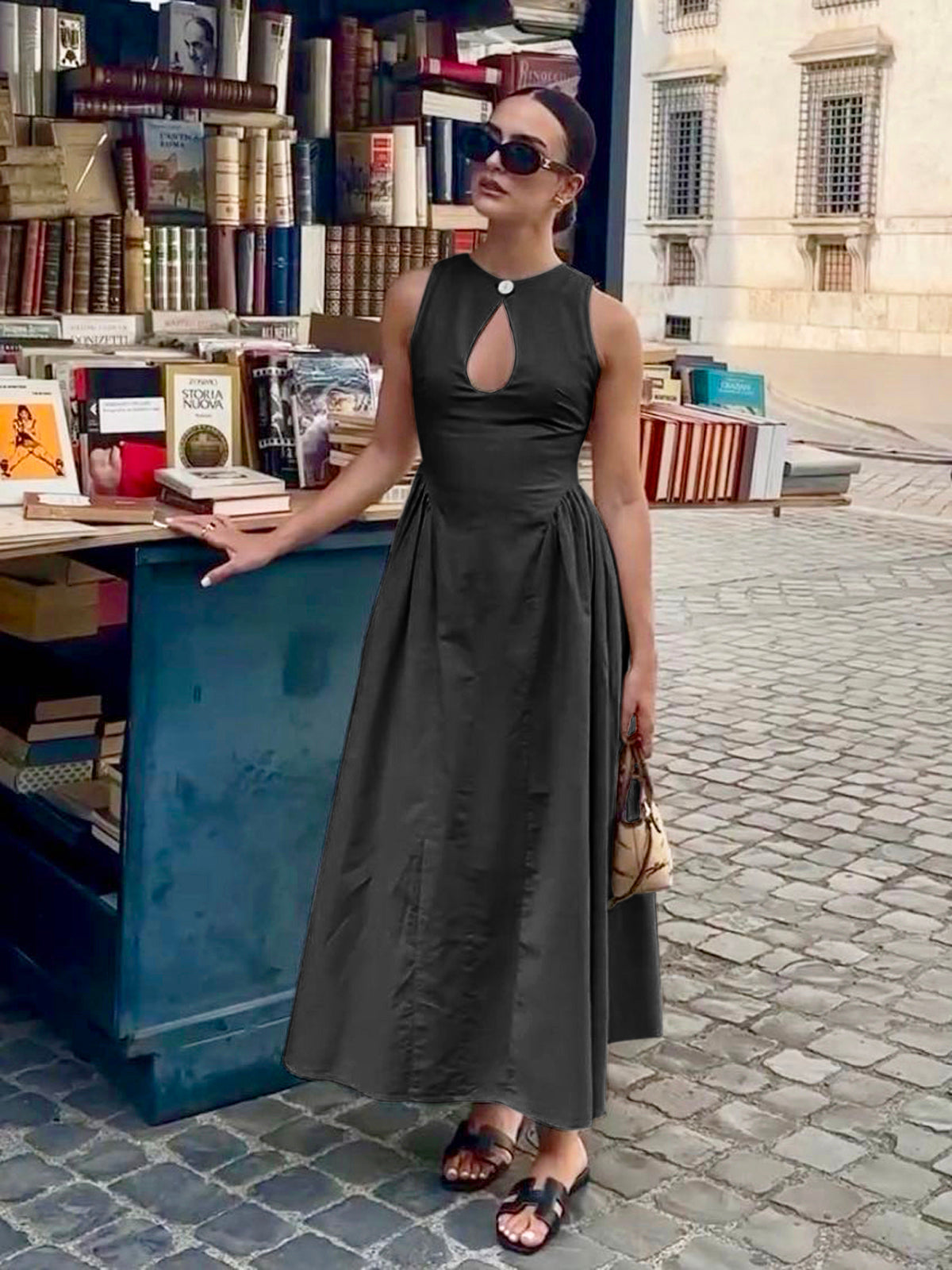 Street-Wave Linen Blend Midi Dress For Women With Elegant Keyhole Neckline And Pleated Skirt