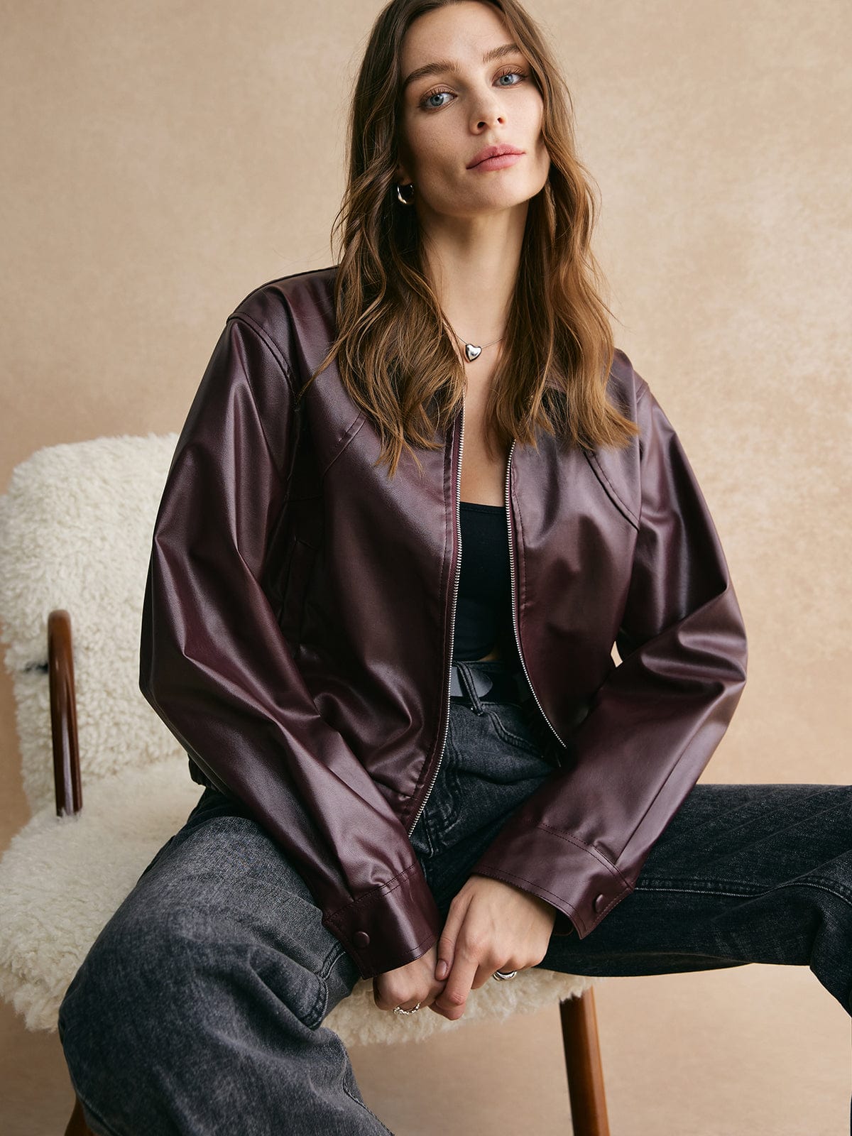 Street-wave Cropped Leather Jacket For Women Elegant Modern Tailored Fit In Rich Color