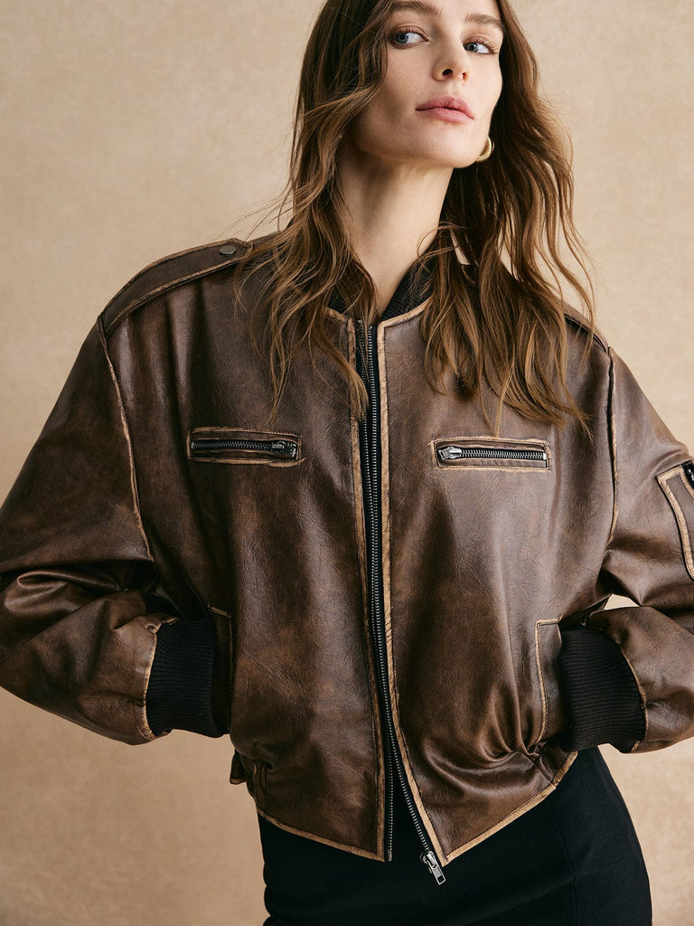 Street-wave Weinlese Bomber Jacket For Women - Vintage Oversized Zip Front Outerwear Retro Style