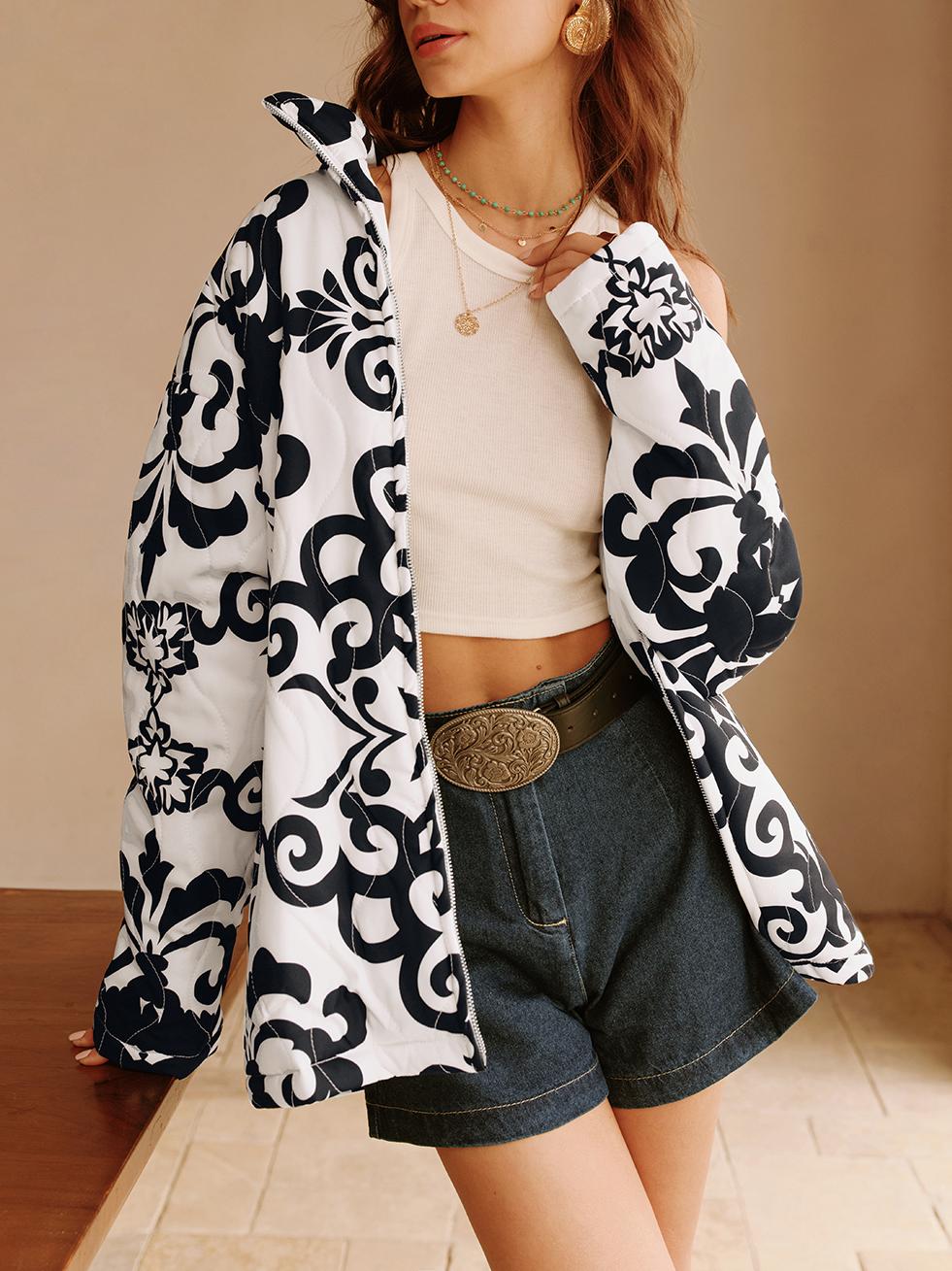 Street-wave Women's Bomber Jacket With Pockets And Regular Fit In Ornate Black White Pattern
