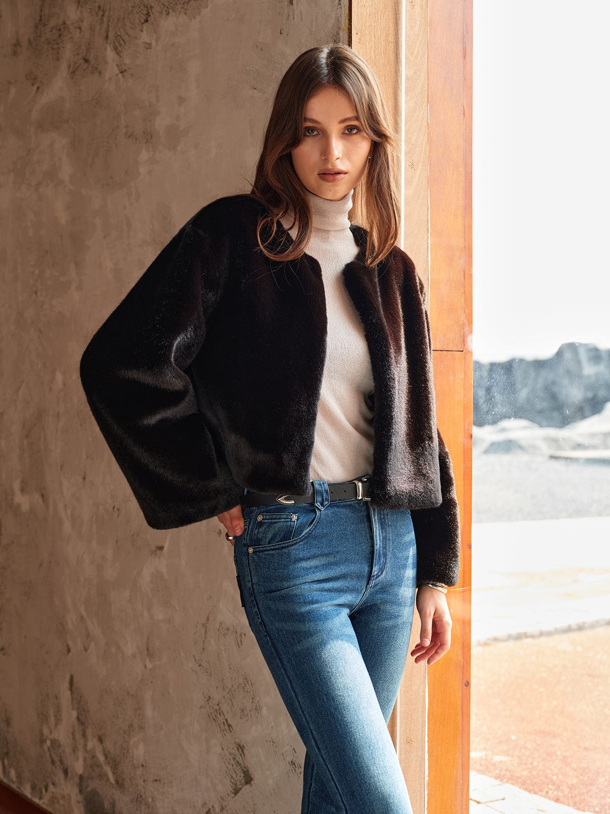 Street-Wave Faux Fur Short Jacket For Women Open-Front Plush Versatile Outerwear