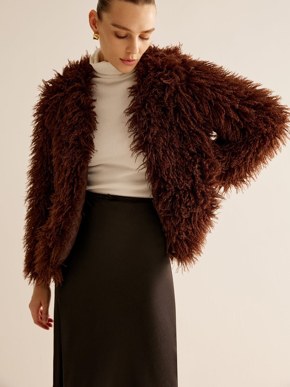 Street-wave Faux Fur Coat For Spring Boho Chic Luxury Fluffy Chocolate Brown For Fashion Forward Women