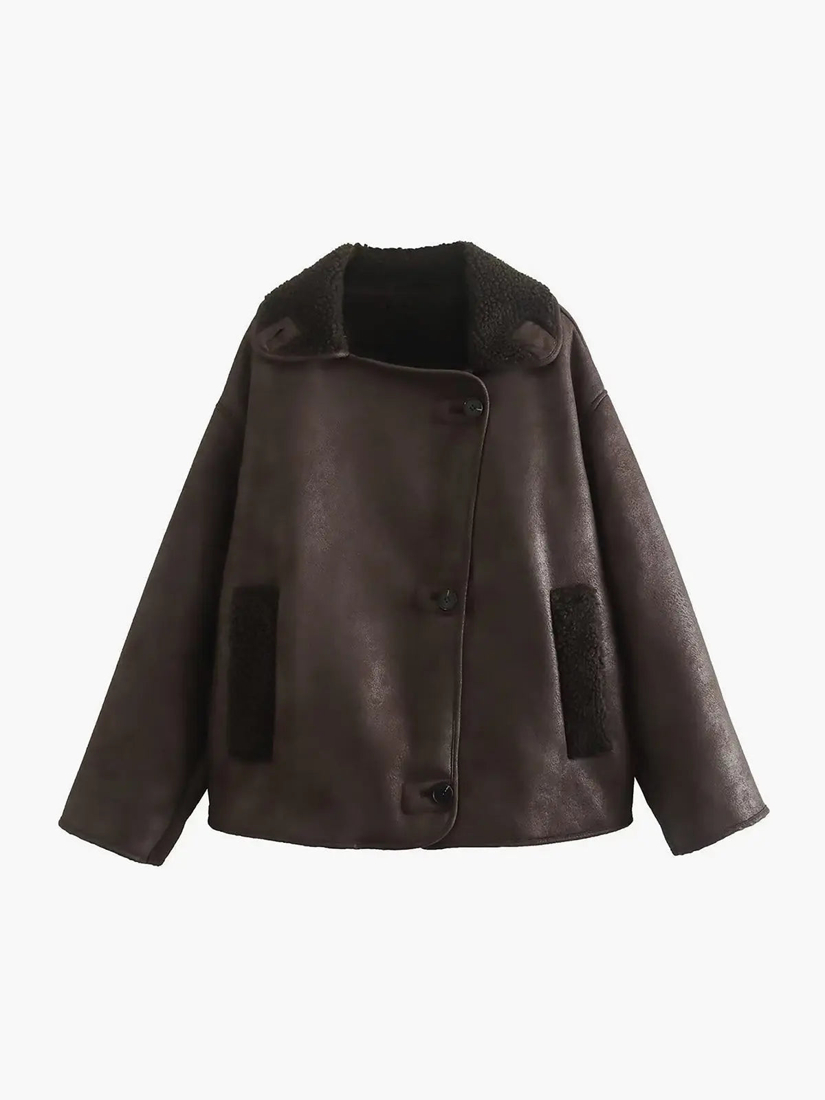 Street-wave Reversible Faux Leather Warm Jacket For Women Stylish Cozy Outerwear With Warm Lining