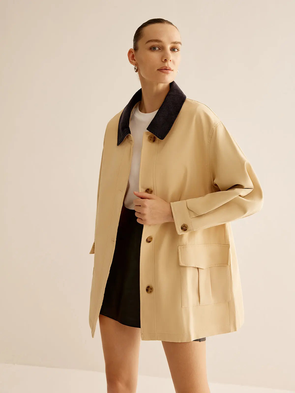 Street-Wave Cotton Jacket With Contrast Collar And Button Front For Women Cozy Chic Winter Style