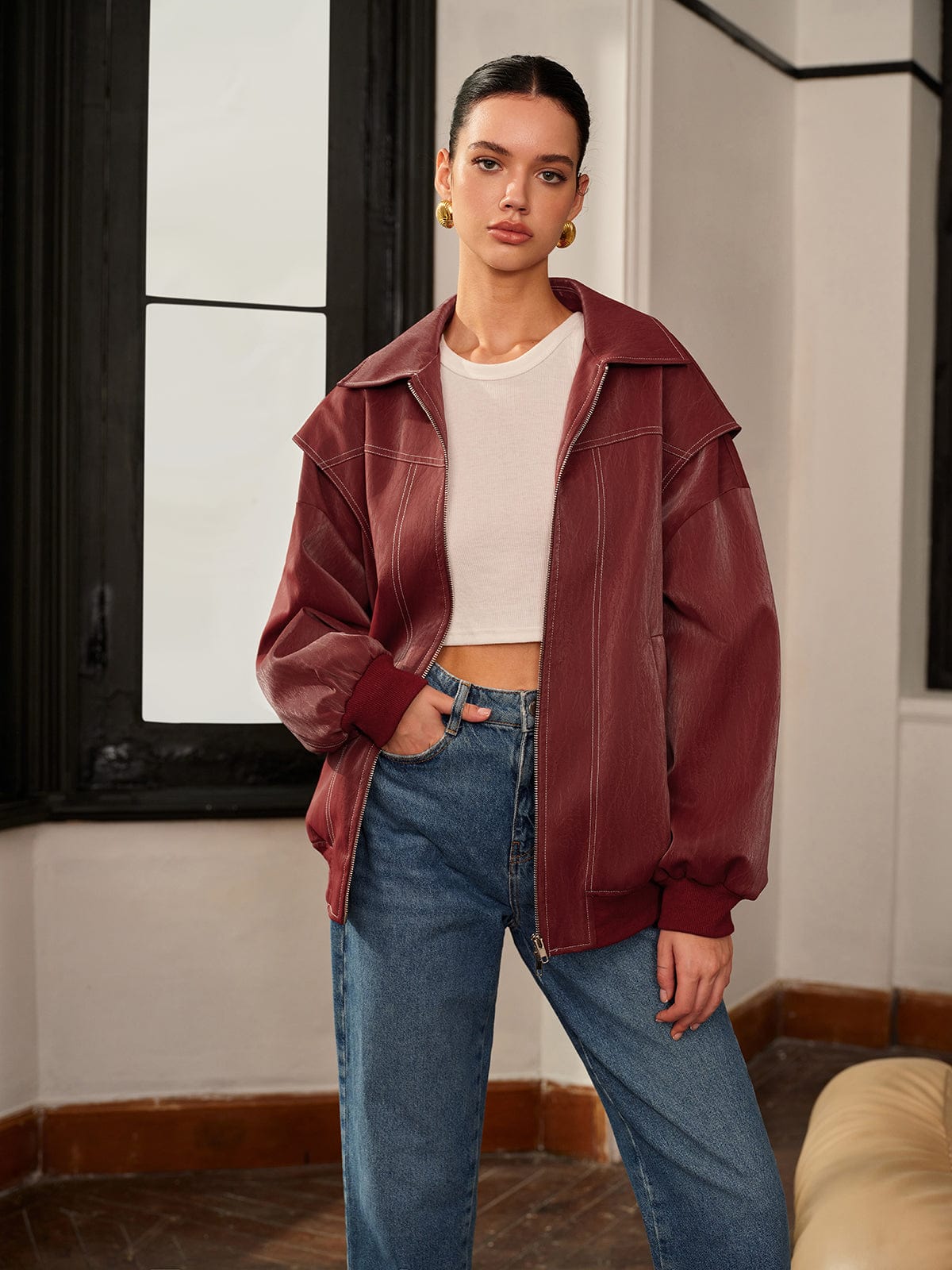 Street-wave Bordeaux Jacket With Sporty Flair For Women Effortless Urban Style Everyday Wear