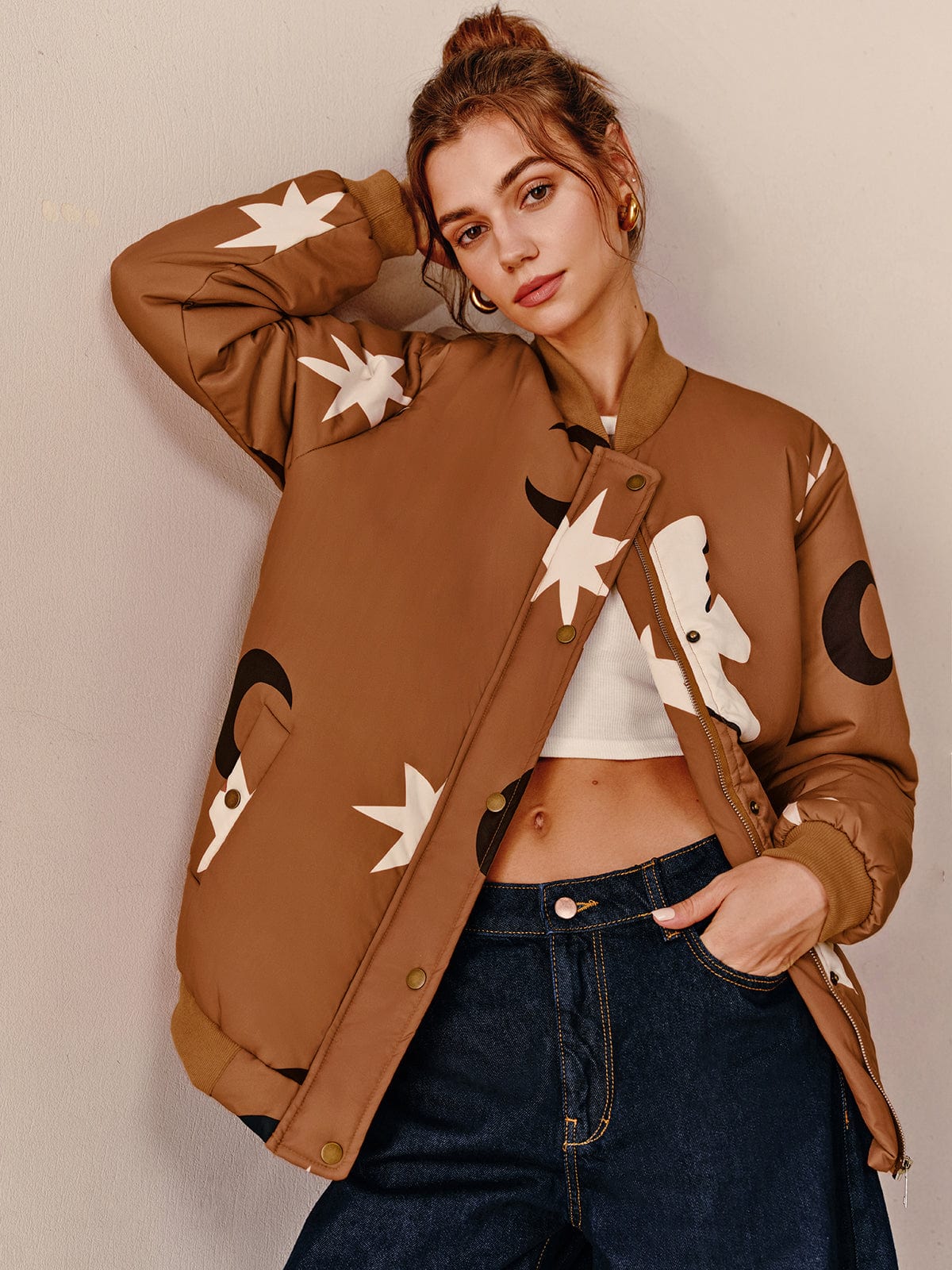Street-wave Plus Size Bomber Jacket, Urban Statement Print, Oversized Fit for Bold Fashion Fans