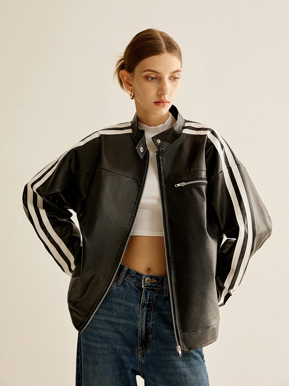 Street-Wave Leather Jacket With White Contrast Stripes For Urban Streetwear Fans