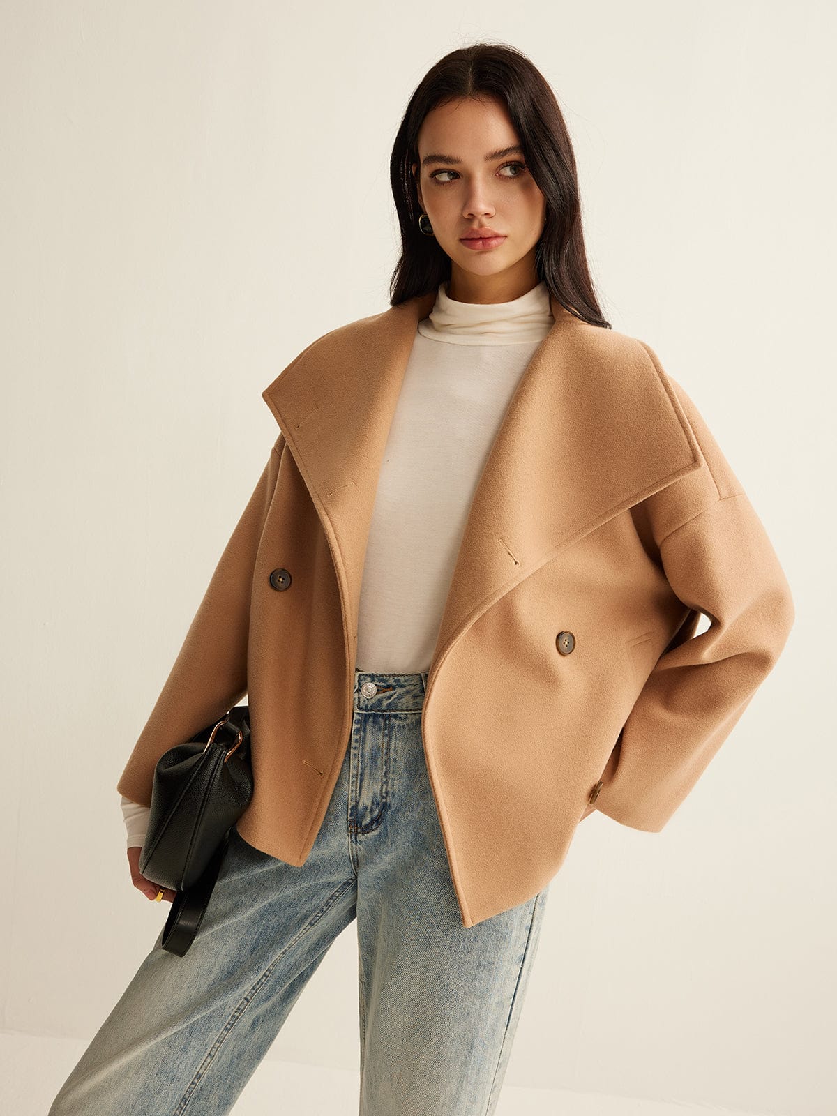 Street-Wave Cropped Coat In Timeless Design For Women With Warm Camel Tone For Autumn And Winter