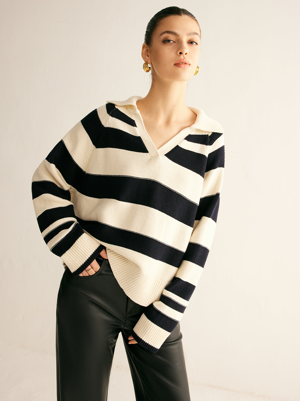 Street-Wave Striped Knit Pullover With Collar Relaxed Yet Chic Everyday Sweater For Women