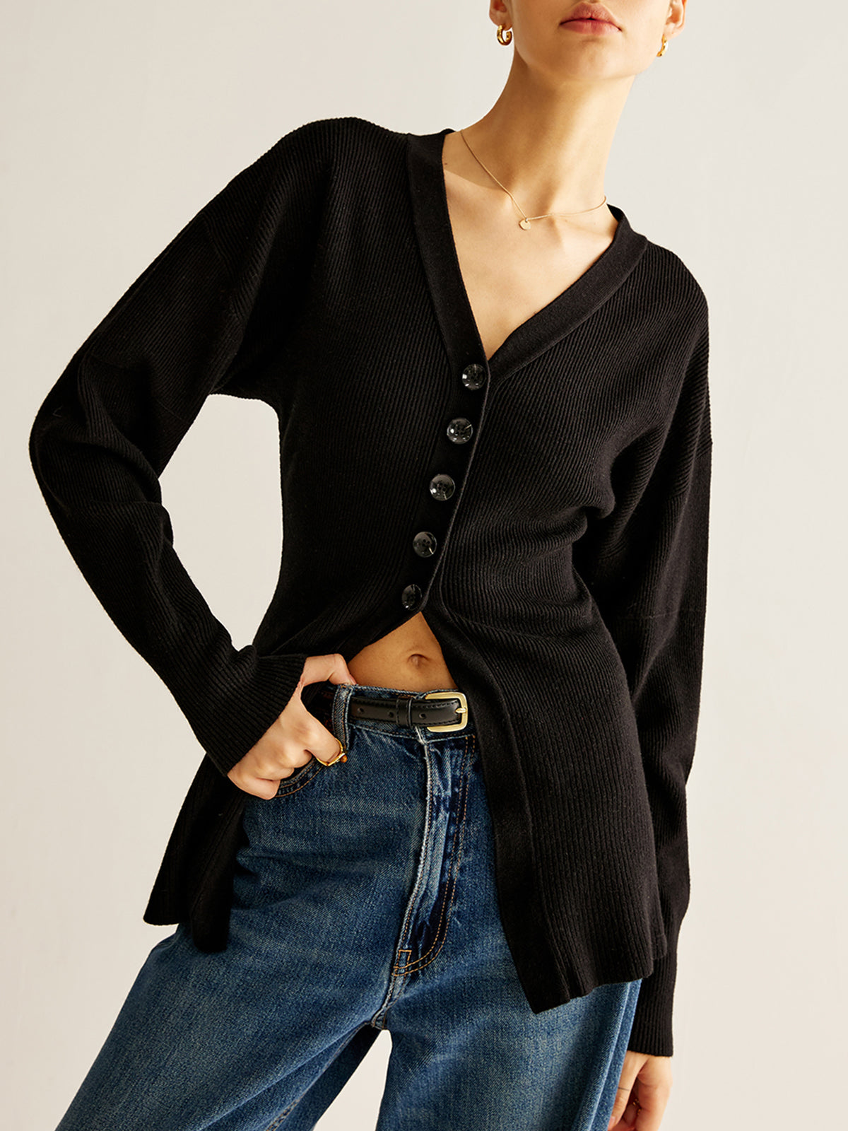 Street Wave Cardigan With Deep V Neck Button Front Relaxed Fit Minimalist Timeless Wardrobe Essential For Women
