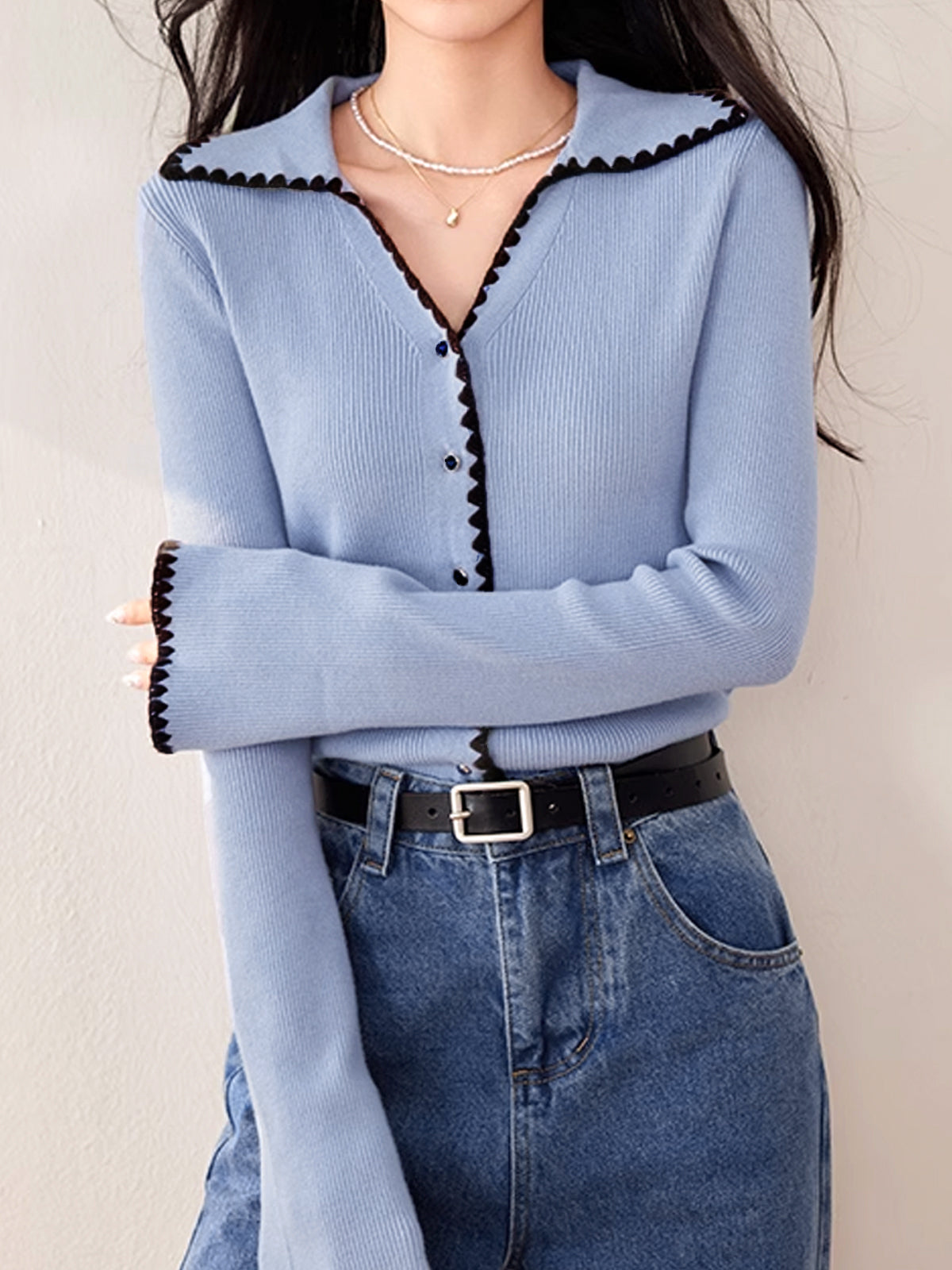 Street-wave Cardigan With Contrast Trim And Ruffle Details For Women Slim Fit Feminine Chic