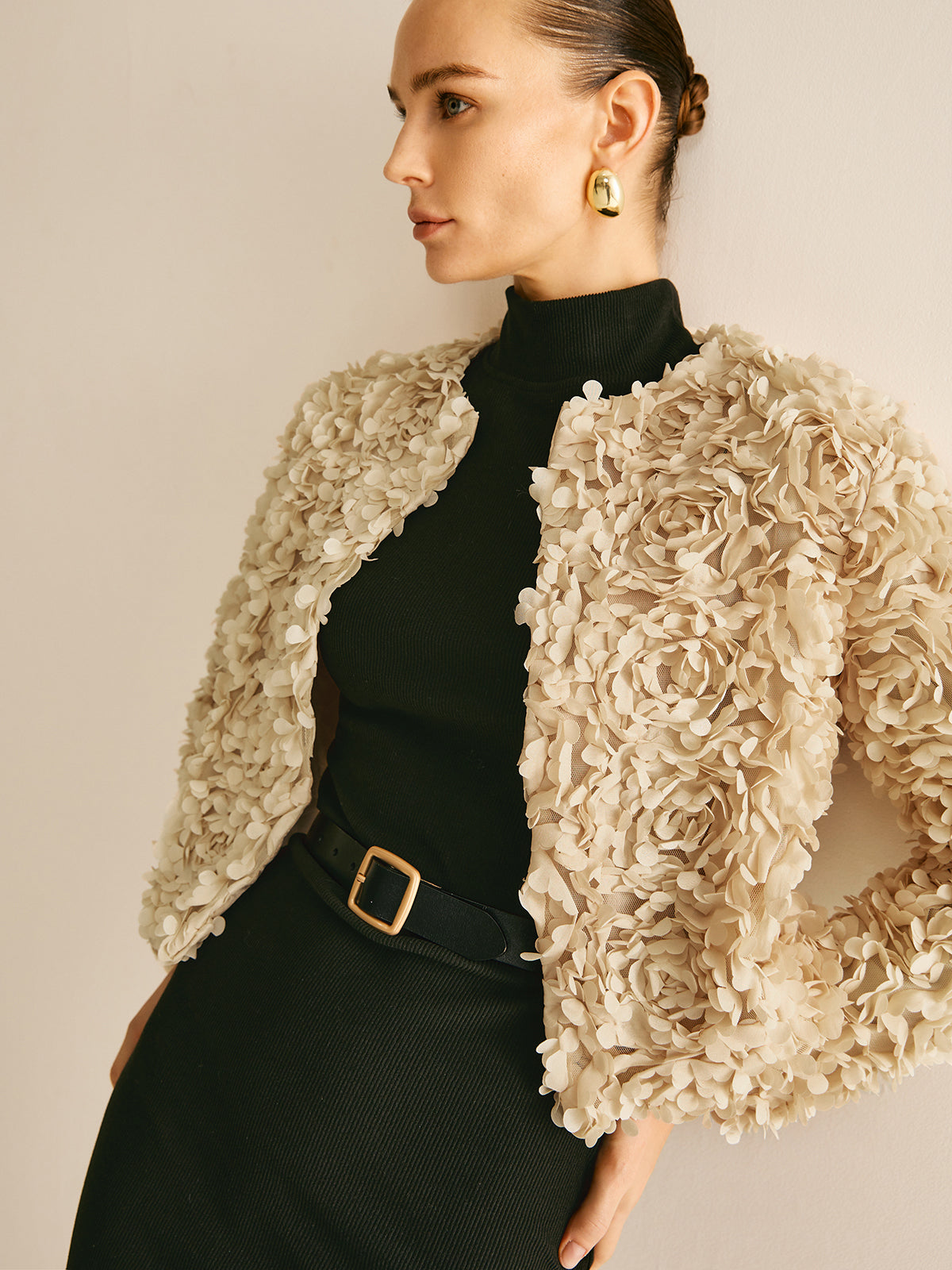 Streetwave Beige Crew Neck Blazer For Women With Chic Textured Floral Rosette Jacquard
