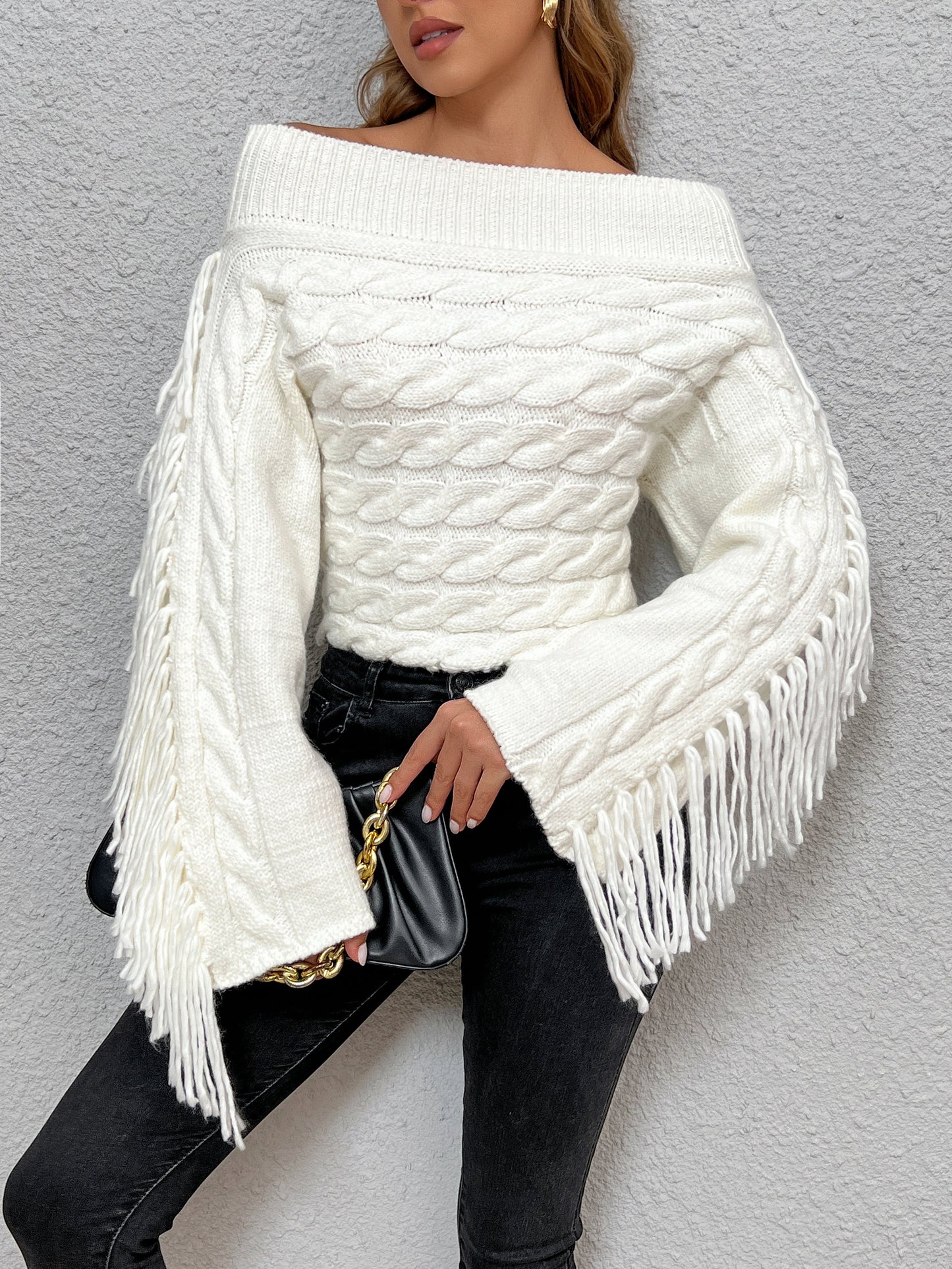Street-wave Off-Shoulder Cable Knit Pullover With Fringed Sleeves For Women Cozy Trendy