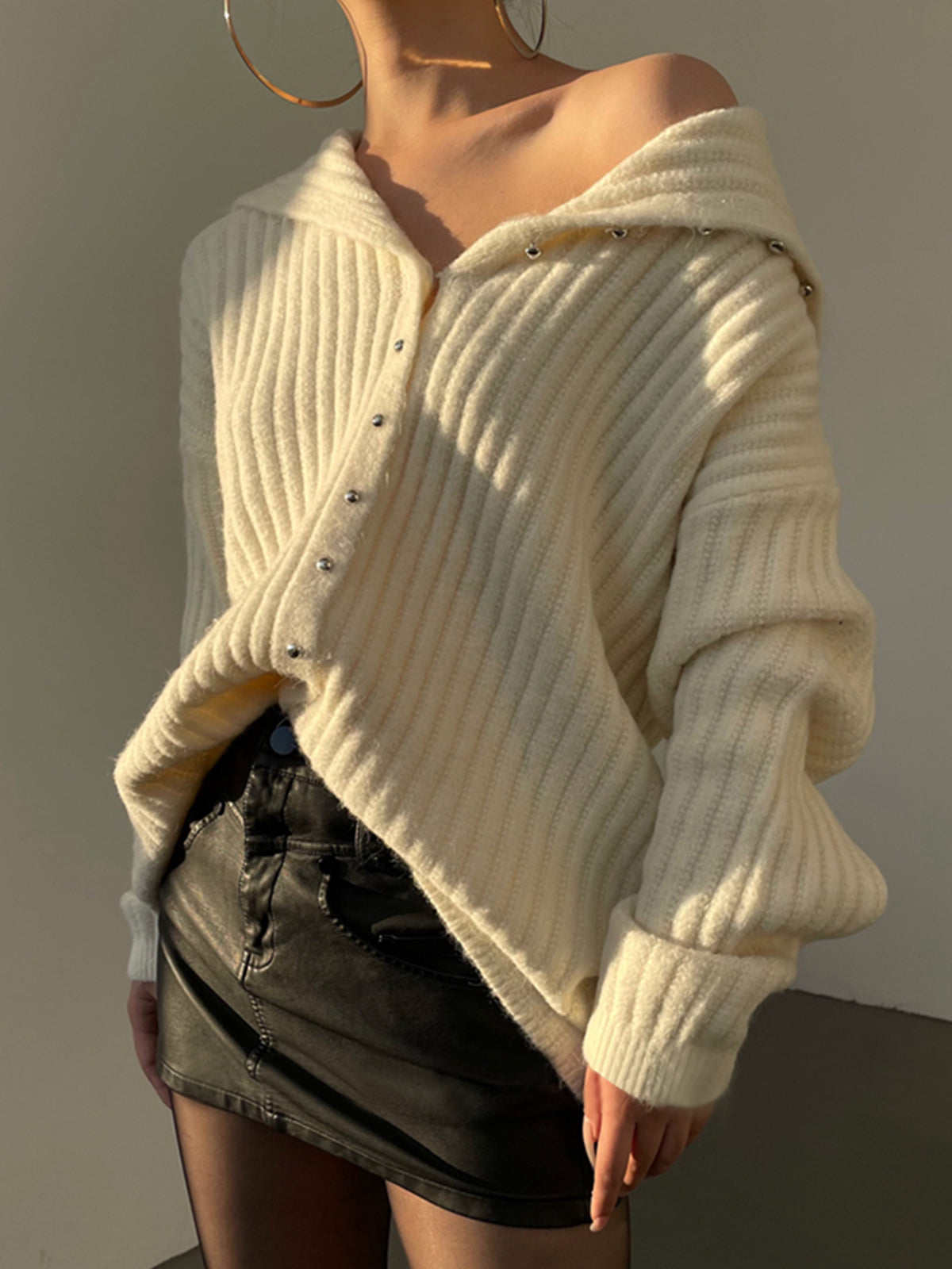 Streetwave Off Shoulder Cardigan With Pearl Buttons Rib Knit For Women Timeless Elegant