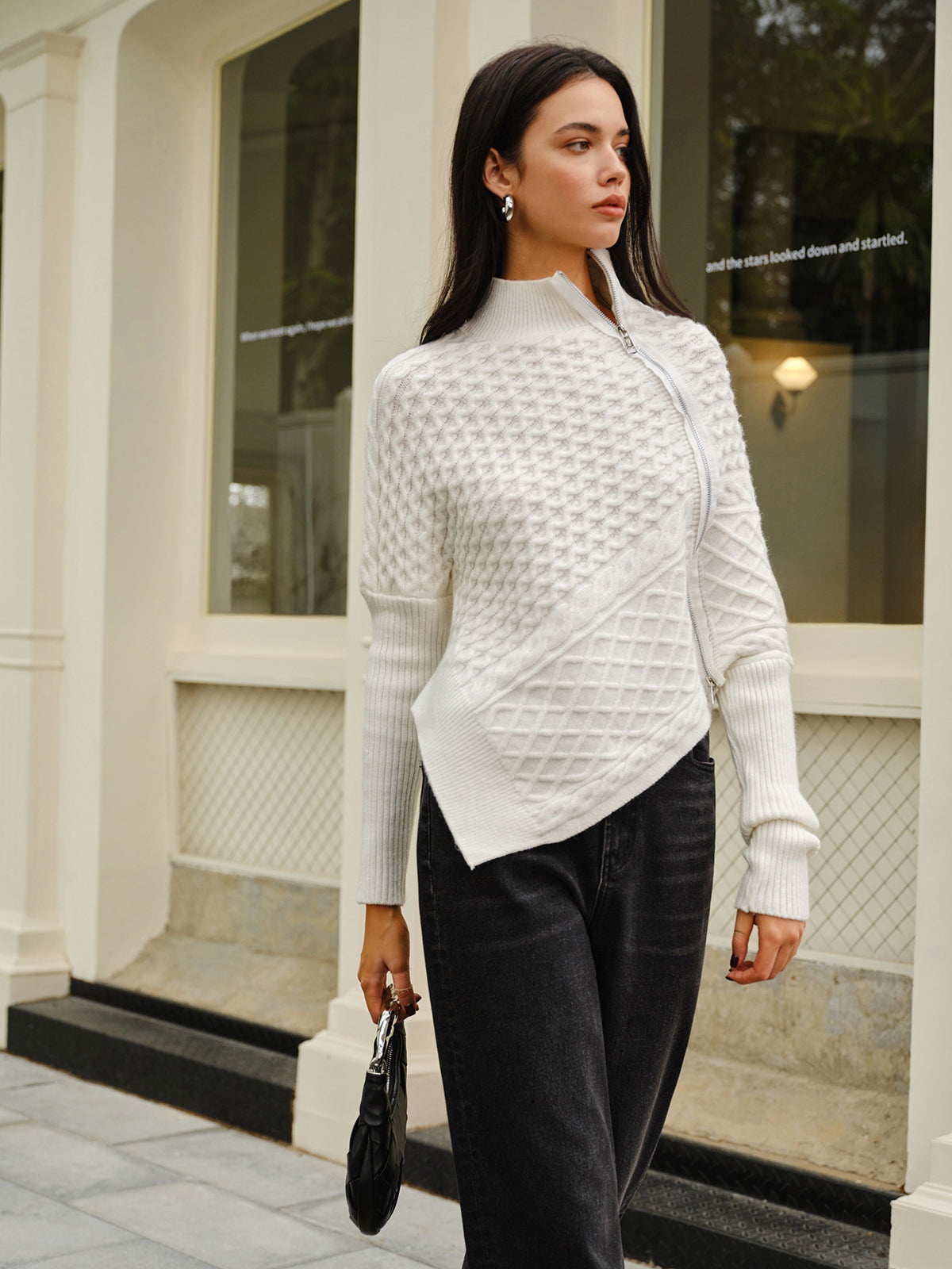 Street Wave Cozy Knit Cardigan With Asymmetric Zip Textured Pattern For Women Everyday Style