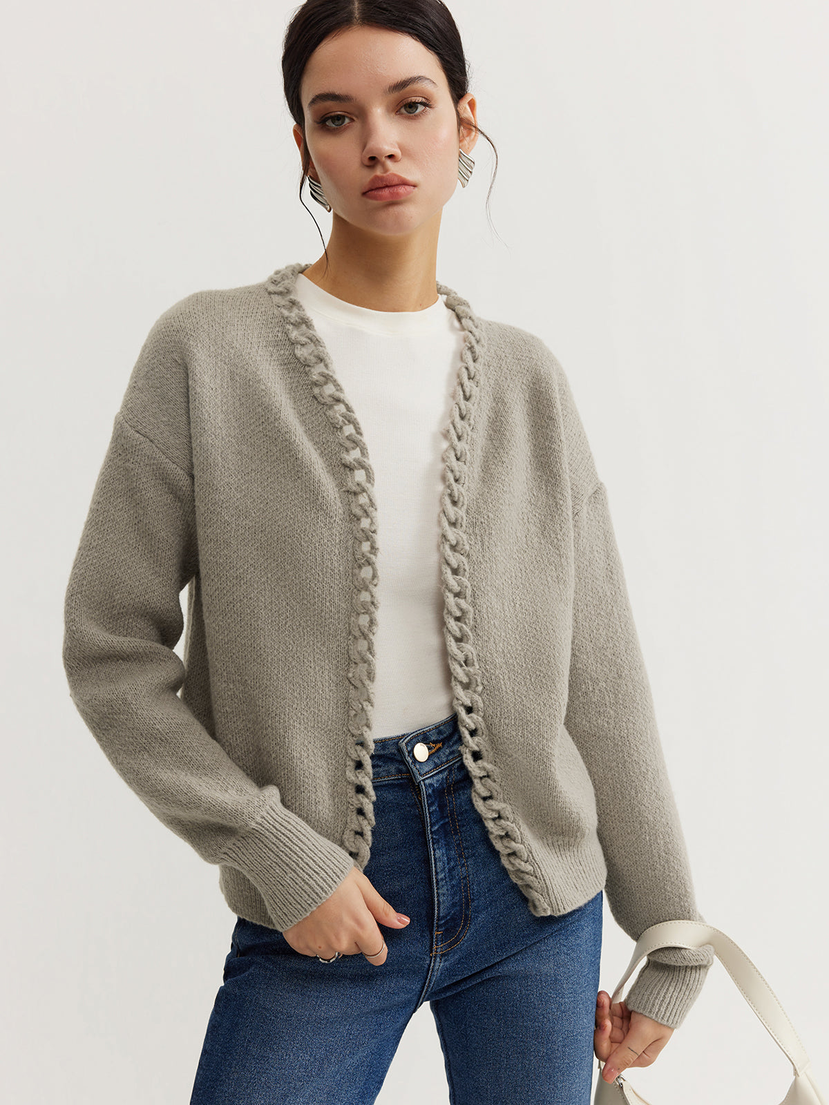 Street-wave Braided-Trim Cardigan In Soft Knit For Women Versatile Cozy Everyday Comfort