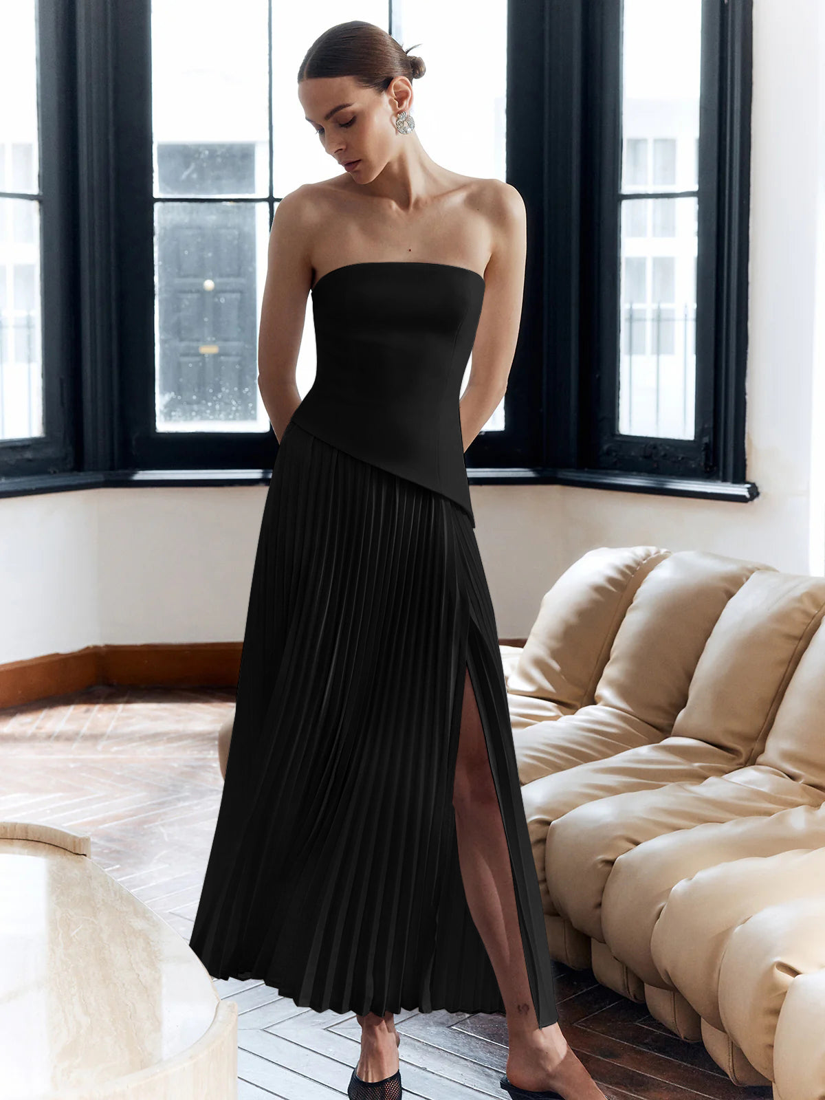 Streetwave Strapless Maxi Dress With Slit Elegant Pleated Skirt Old Money Chic For Women