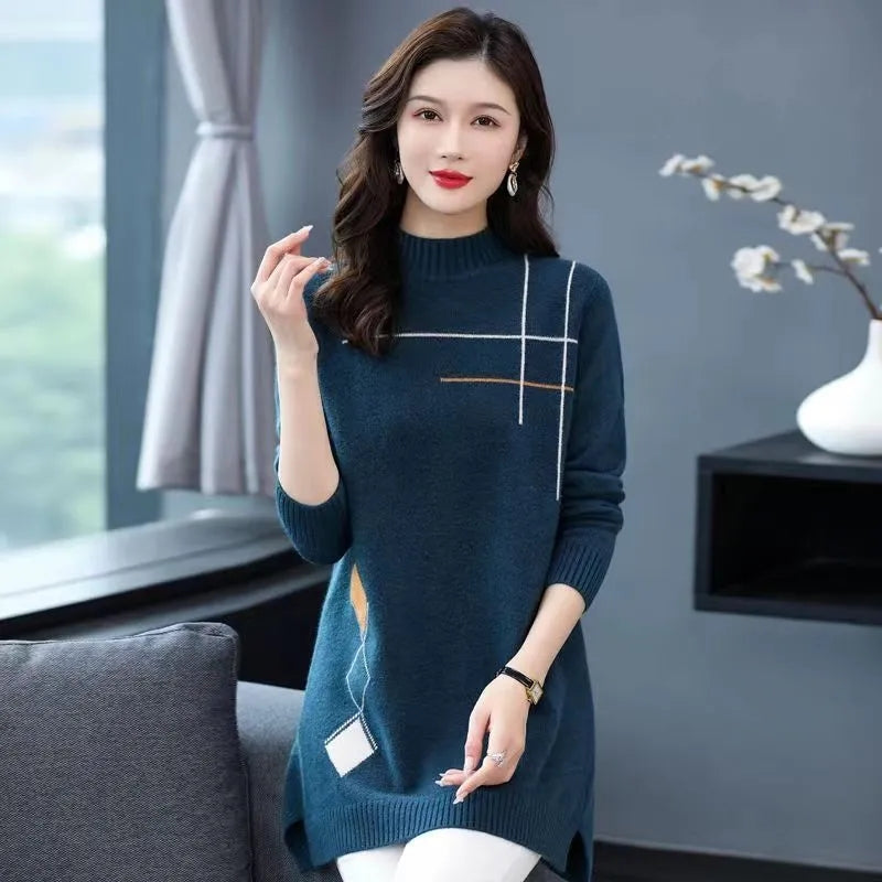 Street Wave Women Knit Dress Cozy Mock Neck Pullover For Fall Winter Casual Chic