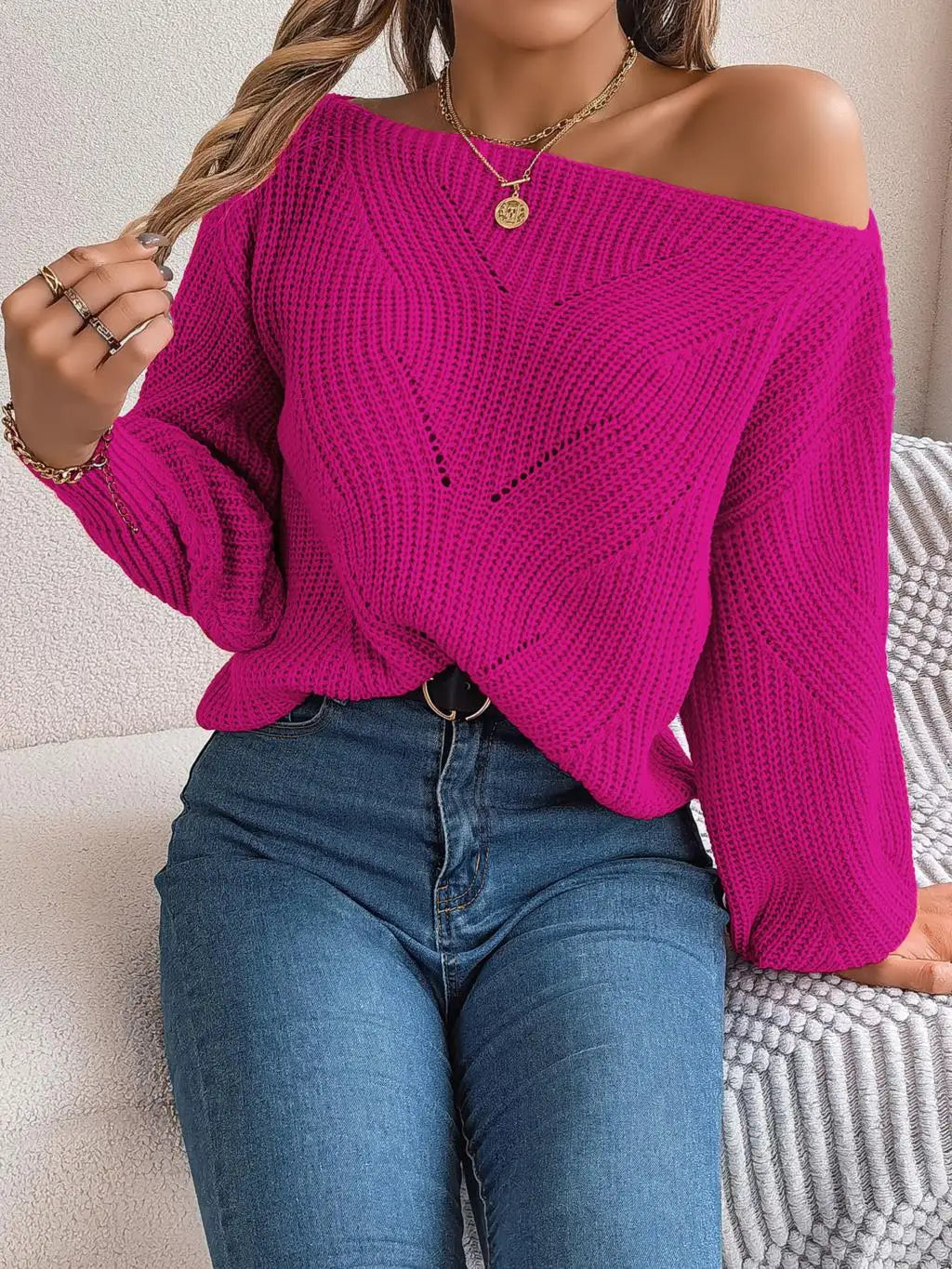 Streetwave Off Shoulder Knit Sweater For Women Cozy Soft Comfort Trendy Pullover