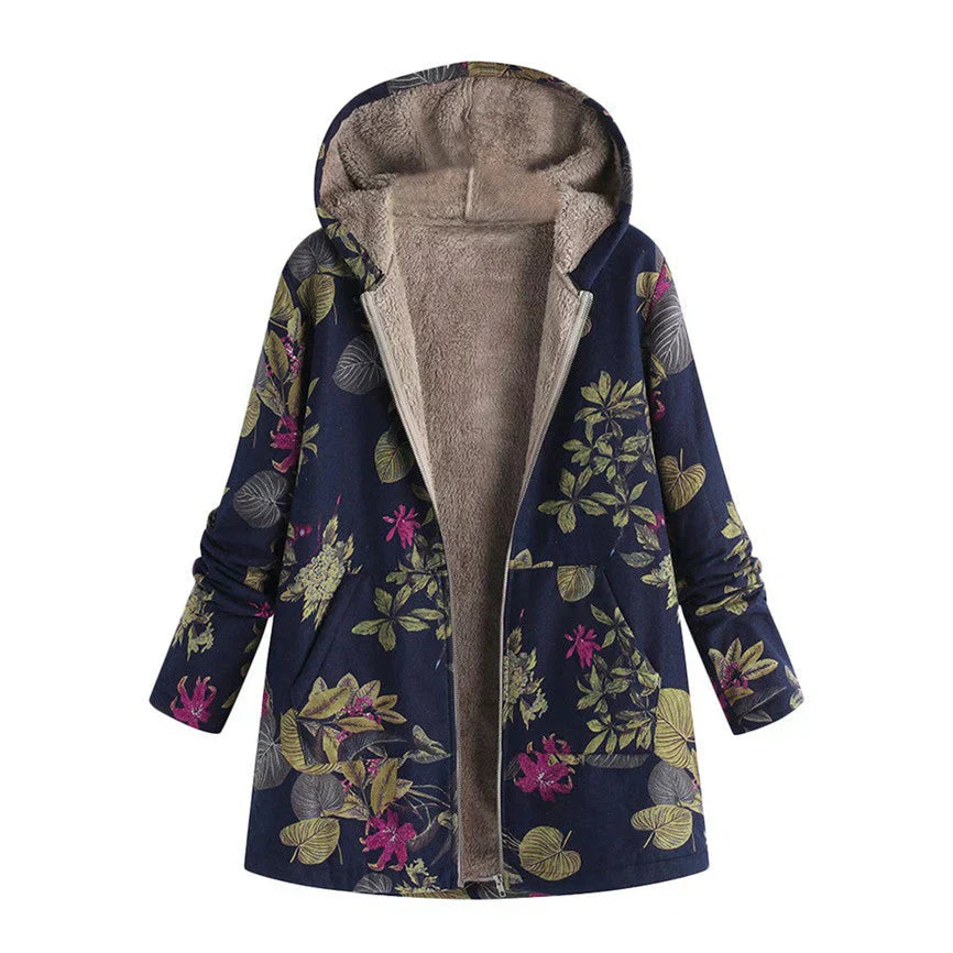 Street Wave Floral Hooded Winter Jacket For Women With Cozy Fleece Lining For Cold Weather Outdoor Wear