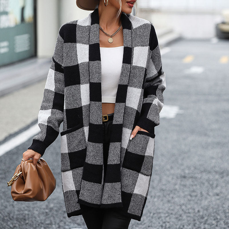 Street-wave Plaid Cardigan For Women Cozy Cotton-Acrylic Blend Longline Open Front With Pockets
