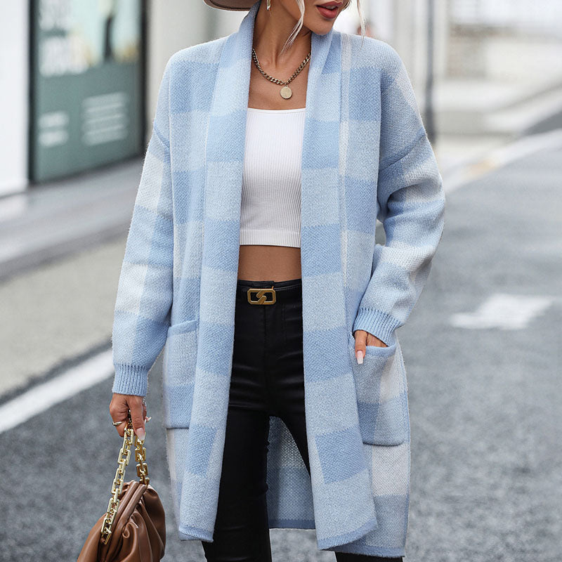Street-wave Plaid Cardigan For Women Cozy Cotton-Acrylic Blend Longline Open Front With Pockets