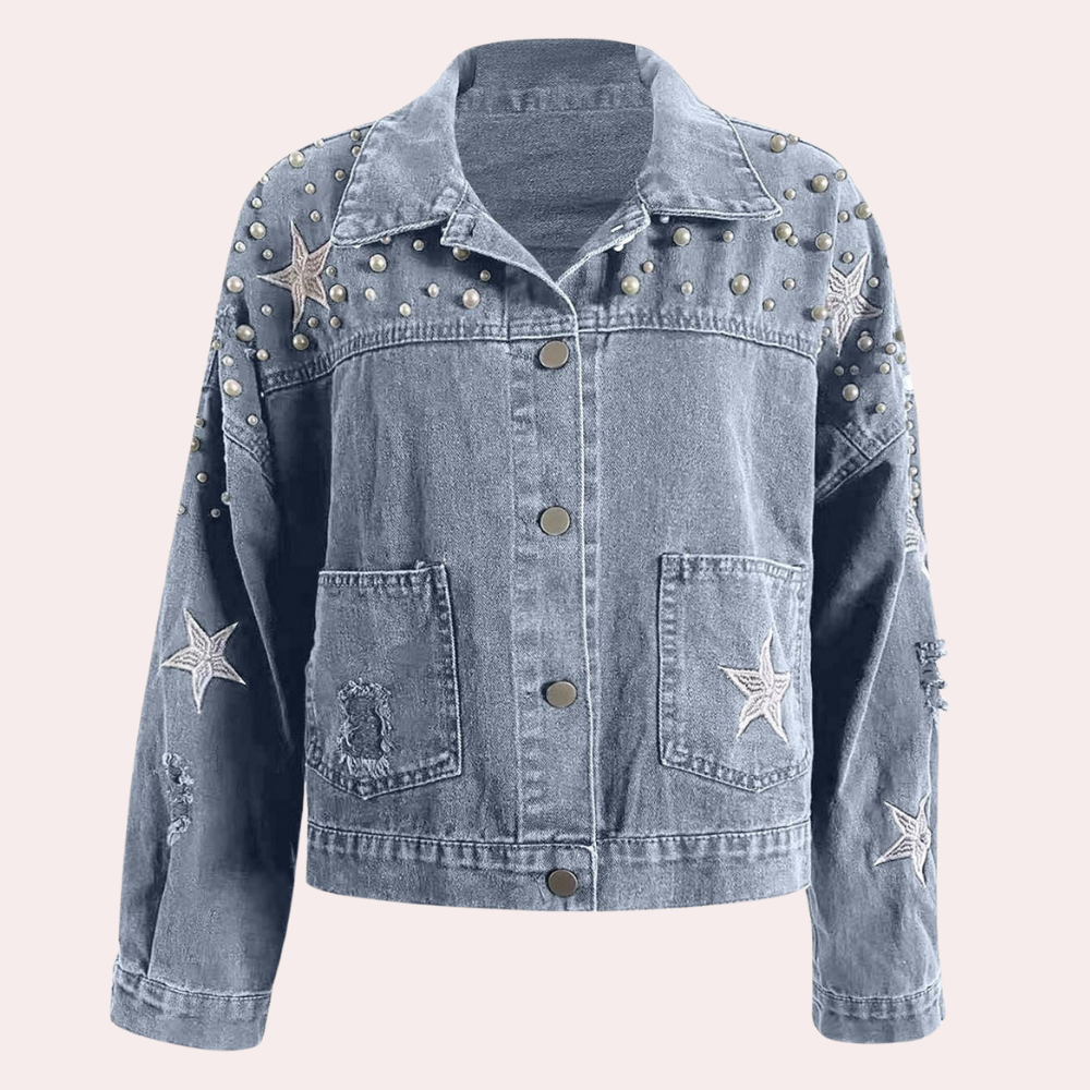 Street-wave Denim Jacket For Women Pearl Embellished With Star Detailing Autumn Must-Have