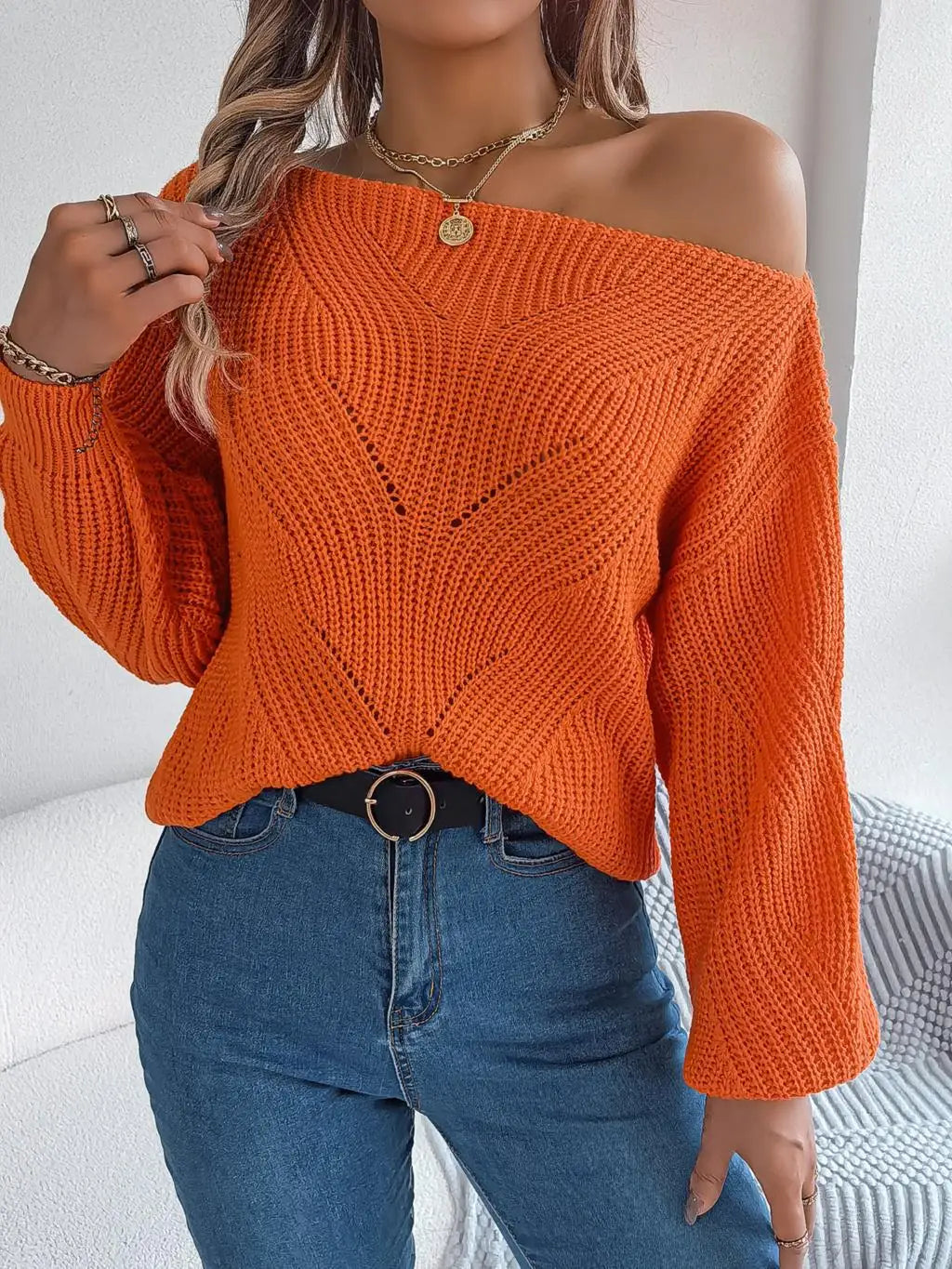 Streetwave Off Shoulder Knit Sweater For Women Cozy Soft Comfort Trendy Pullover