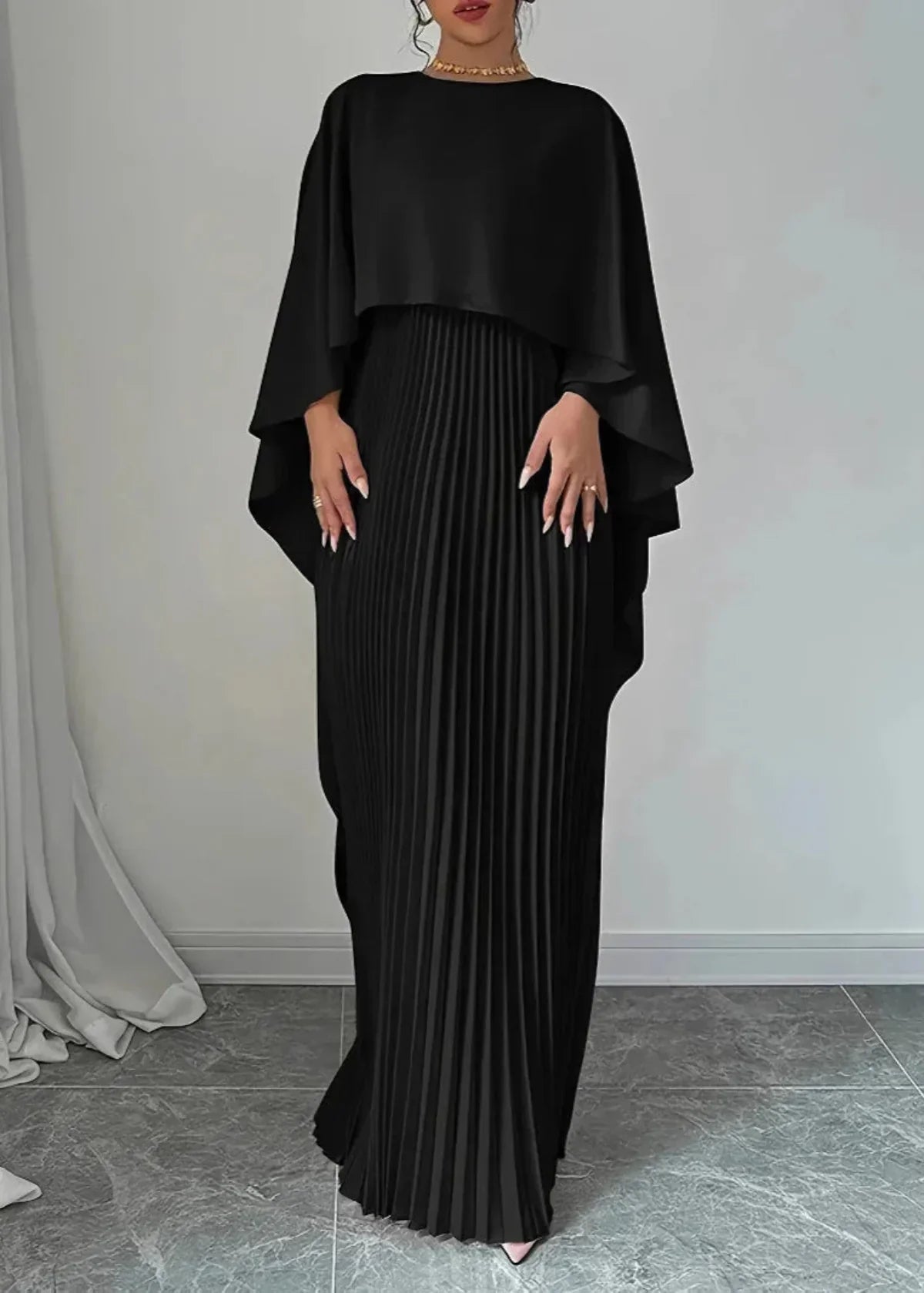 Street Wave Amelia Pleated Cape Overlay Maxi Dress For Women