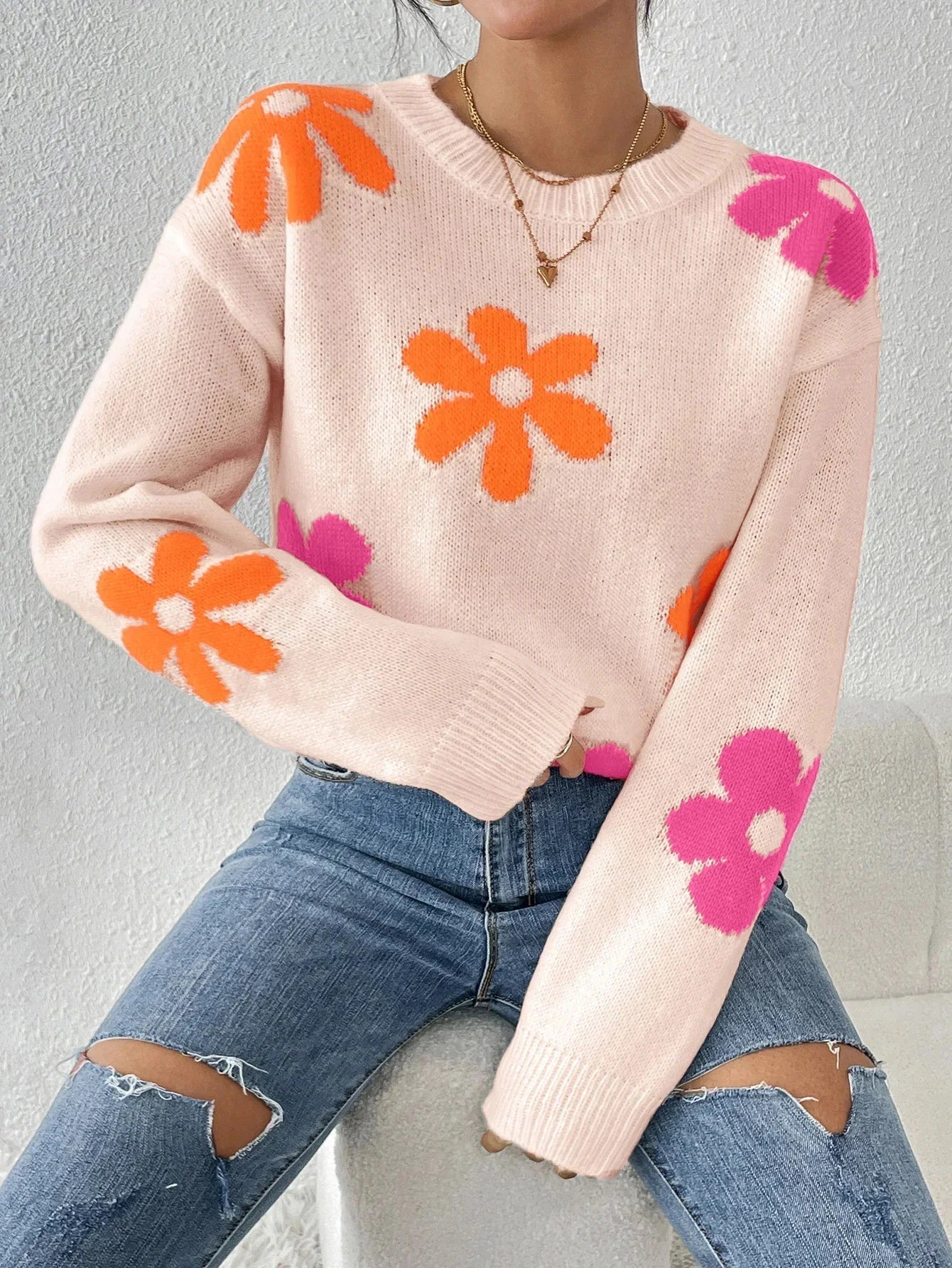 Floral Sweater Cozy Loose Fit Knit Pullover By Street Wave For Women Winter Wardrobe