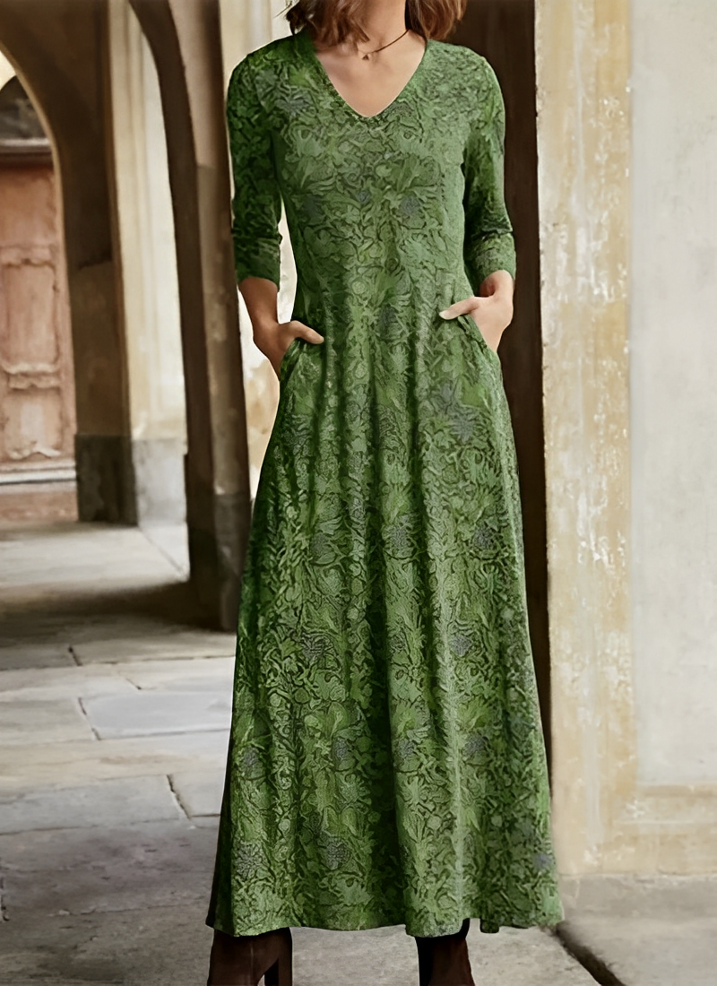 Street Wave Vintage Maxi Dress With V Neck Allover Pattern And Flowing A Line Silhouette For Women