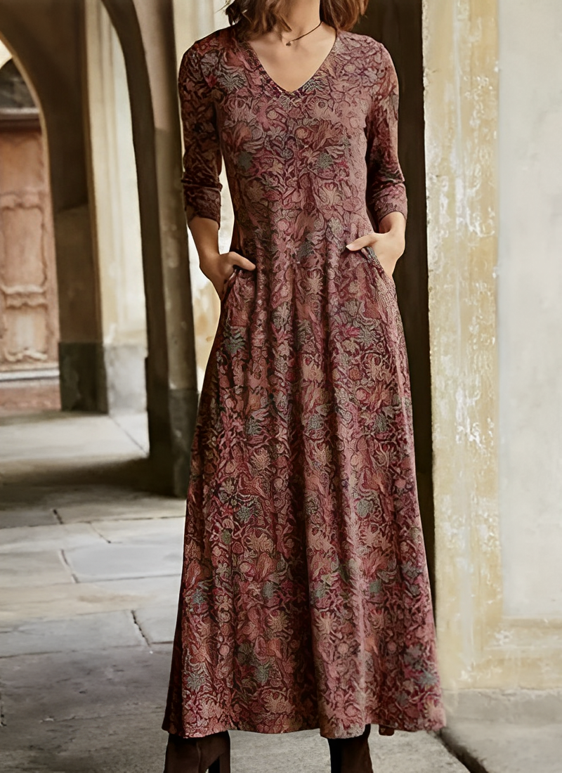 Street Wave Vintage Maxi Dress With V Neck Allover Pattern And Flowing A Line Silhouette For Women